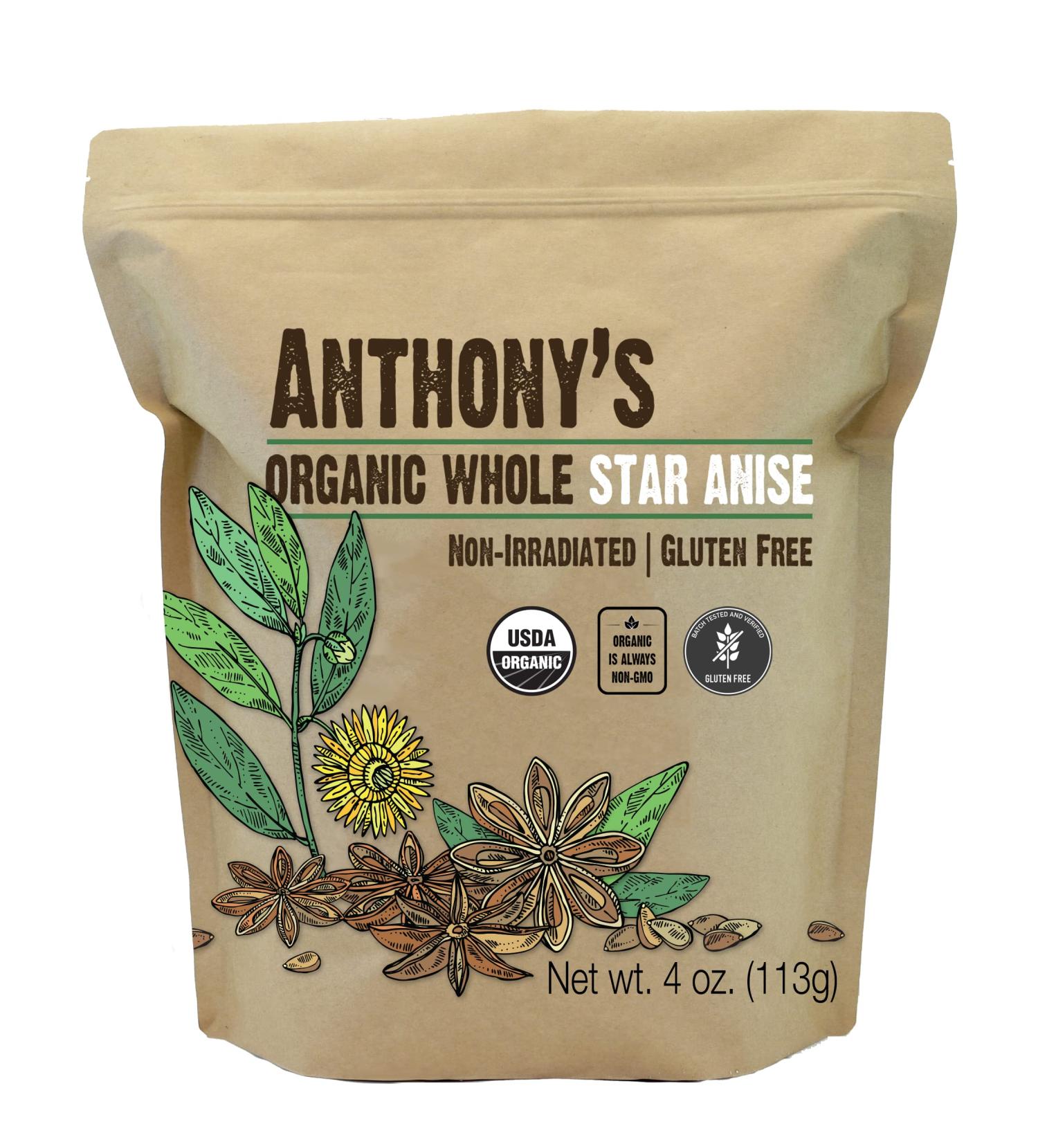 Anthony's Organic Whole Star Anise 4 oz - Non Irradiated, Non GMO, Gluten Free - Buy Online on GoSupps.com