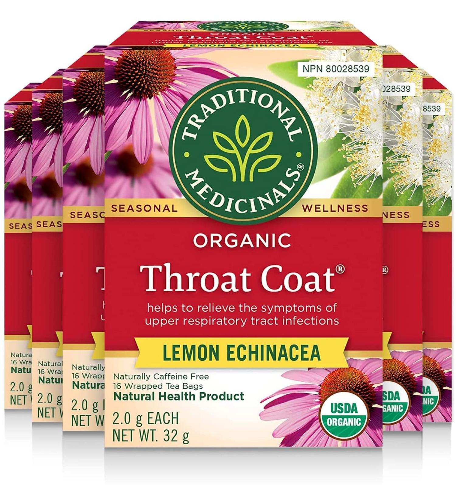 Traditional Medicinals - Organic Throat Coat Lemon Echinacea Herbal Tea (Pack of 6) - Helps Relieve Symptoms of Upper Respiratory Tract Infection - Sustainably Sourced Fair Wild Ingredients - 96 Tea Bags Total Throat Coat Lemon Echinacea 16 Count (Pack of - Buy Online on GoSupps.com