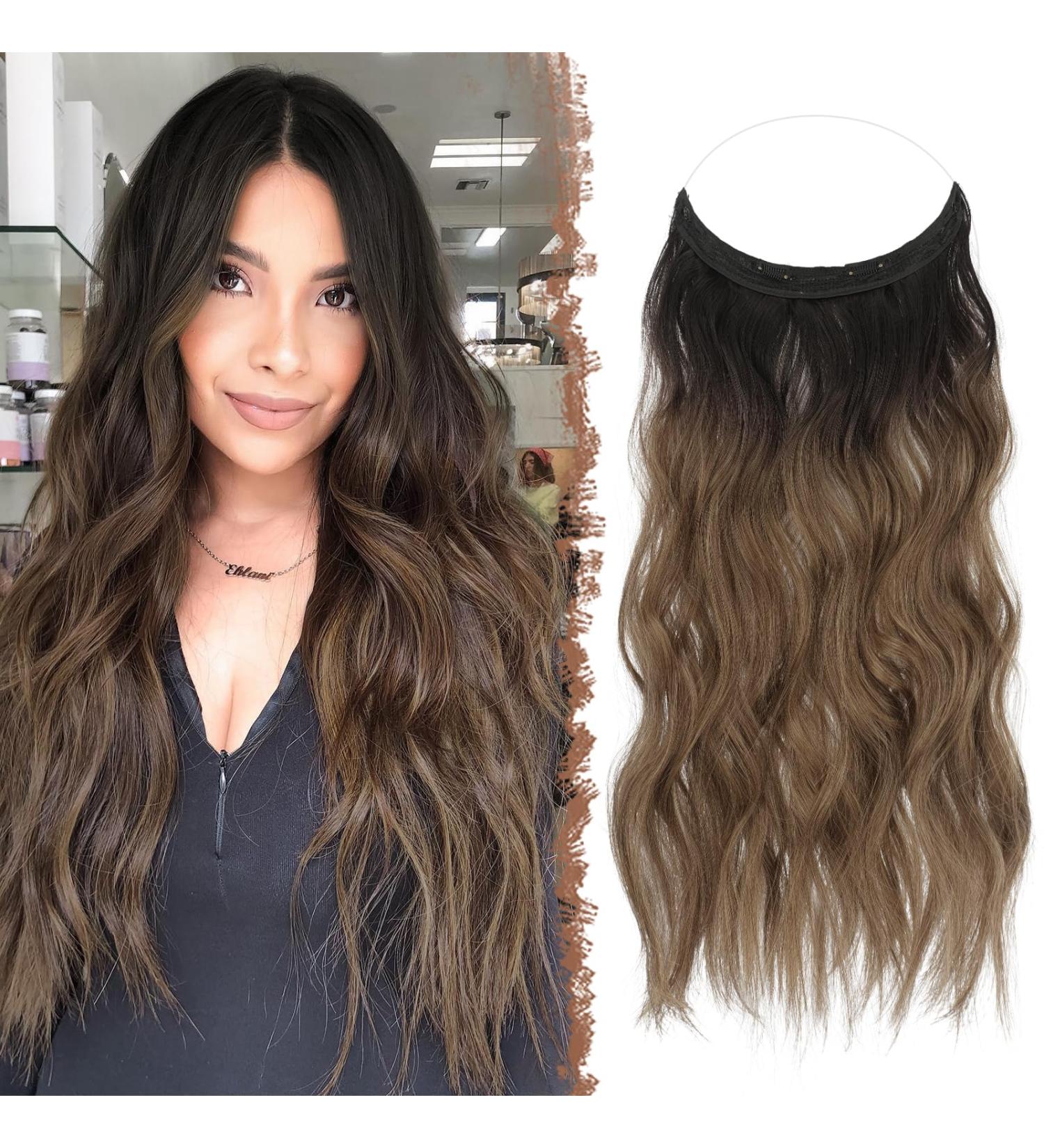 FESHFEN Invisible Wire Hair Extensions - 16 inch Ombre Brown | Long Wavy Synthetic Hair Piece with Adjustable Transparent Wire and 2 Secure Clips for Women - Buy Online on GoSupps.com