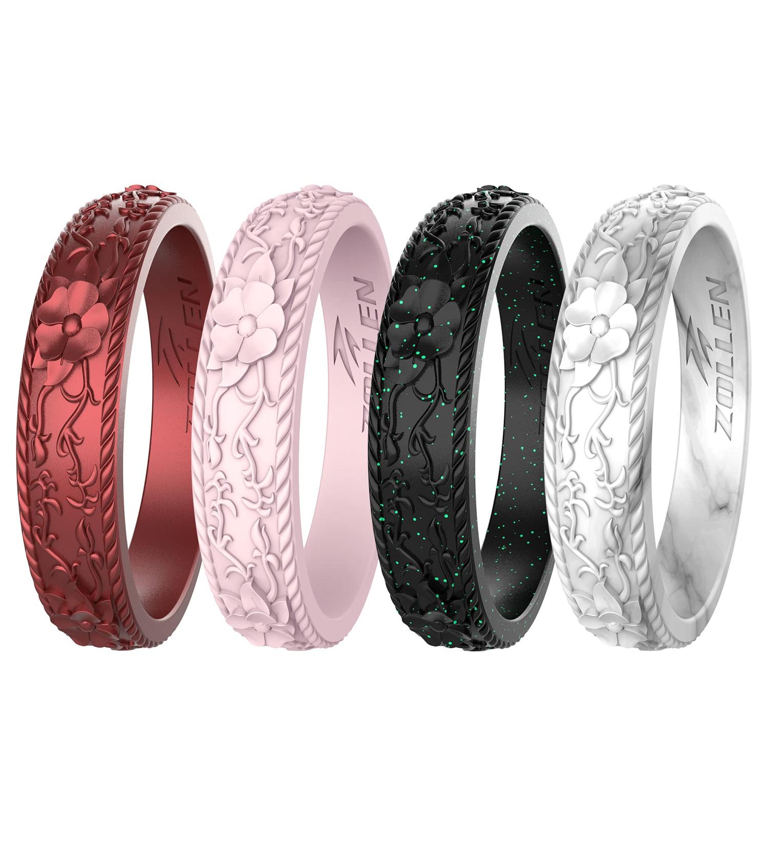 Zollen Silicone Wedding Rings for Women - Flower & Vine Collection 7 Pack - Black, Marble, Metallic Bordeaux, Pink - Size 7-7.5 (17.3mm) - Buy Online on GoSupps.com