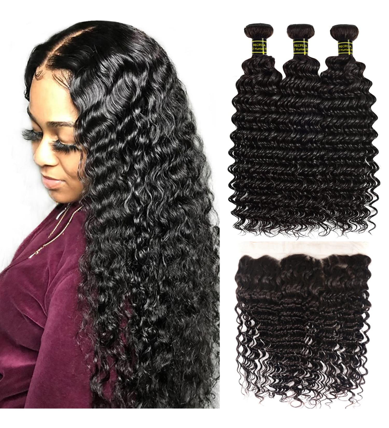 Brazilian Deep Wave Hair Bundles with Free Part Lace Frontal - 100% Unprocessed Virgin Human Hair - Ear to Ear Frontal with Extensions - Natural Color (18/20/22+16) - 18/20/22+16 Inch - Buy Online on GoSupps.com