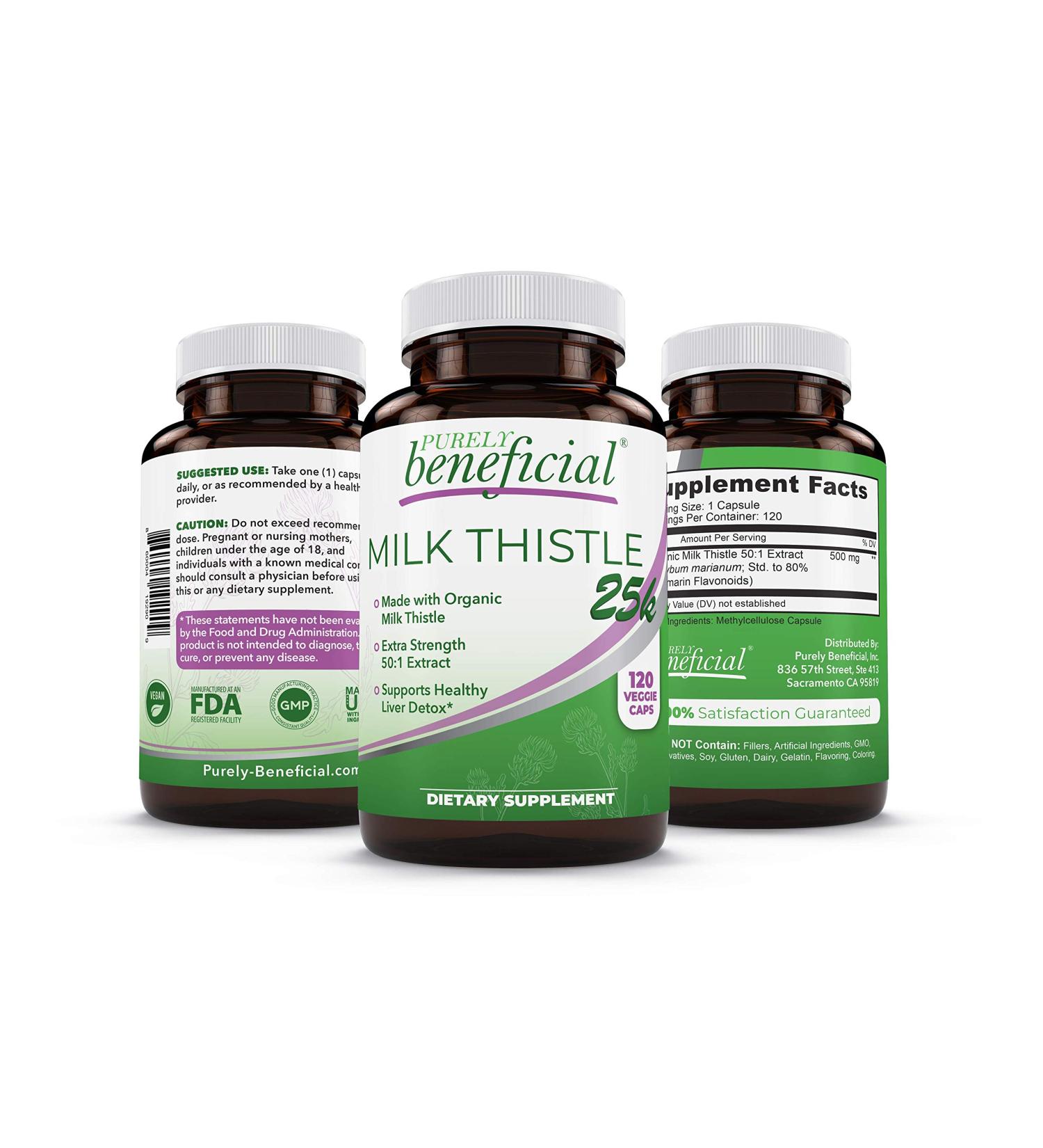 PURELY beneficial Organic Milk Thistle Capsules 50:1 Milk Thistle Extract Silybum Marianum 25000 mg Strength Liver Cleanse & Antioxidant Support 120 Veg Capsules Vegan & Non-GMO - Buy Online on GoSupps.com