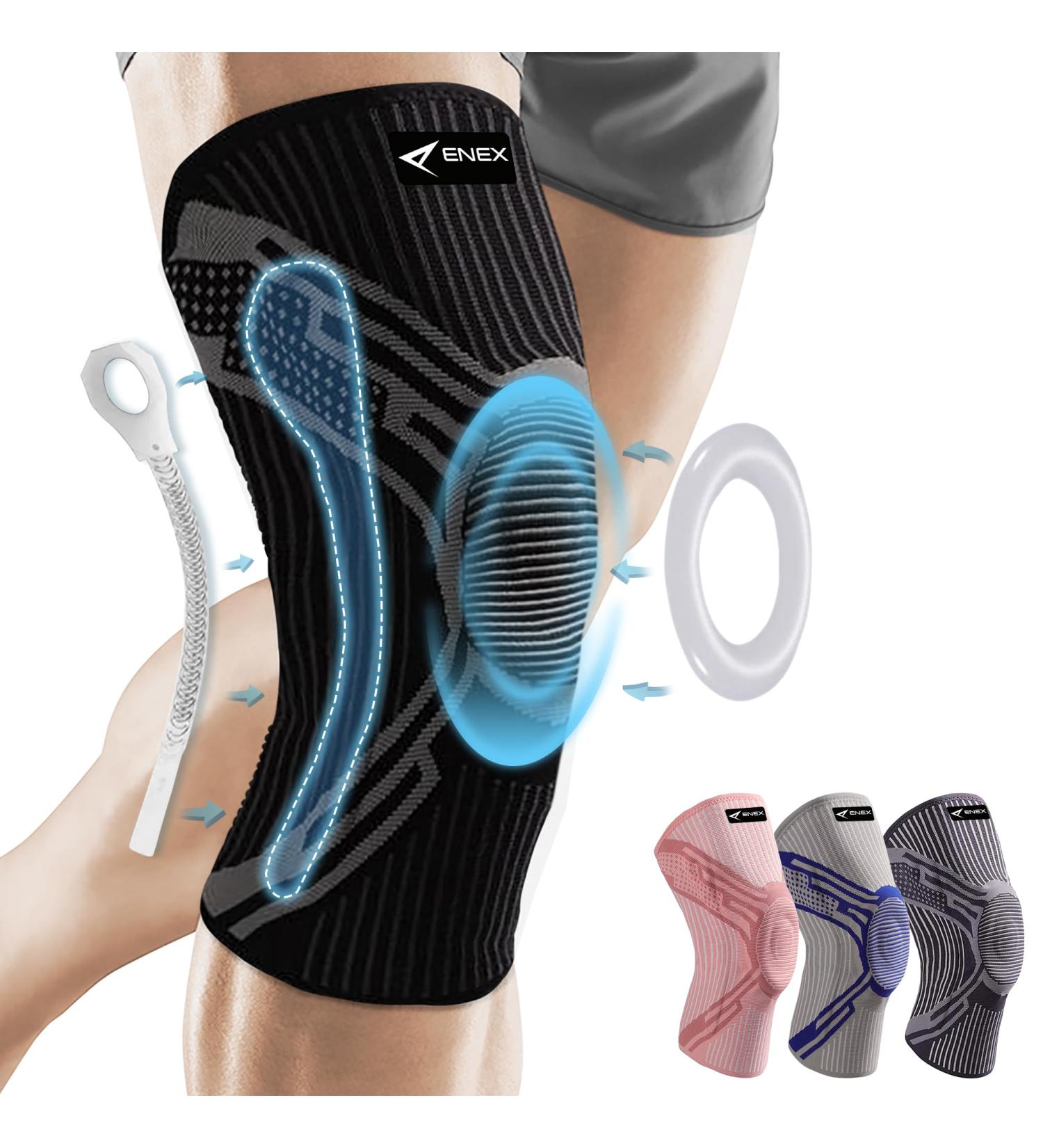 ENEX Knee Support Braces for Men & Women - Compression Sleeves with Side Stabilizers & Gel Pad for Arthritis Pain Relief - Black/Grey, XL - Buy Online on GoSupps.com