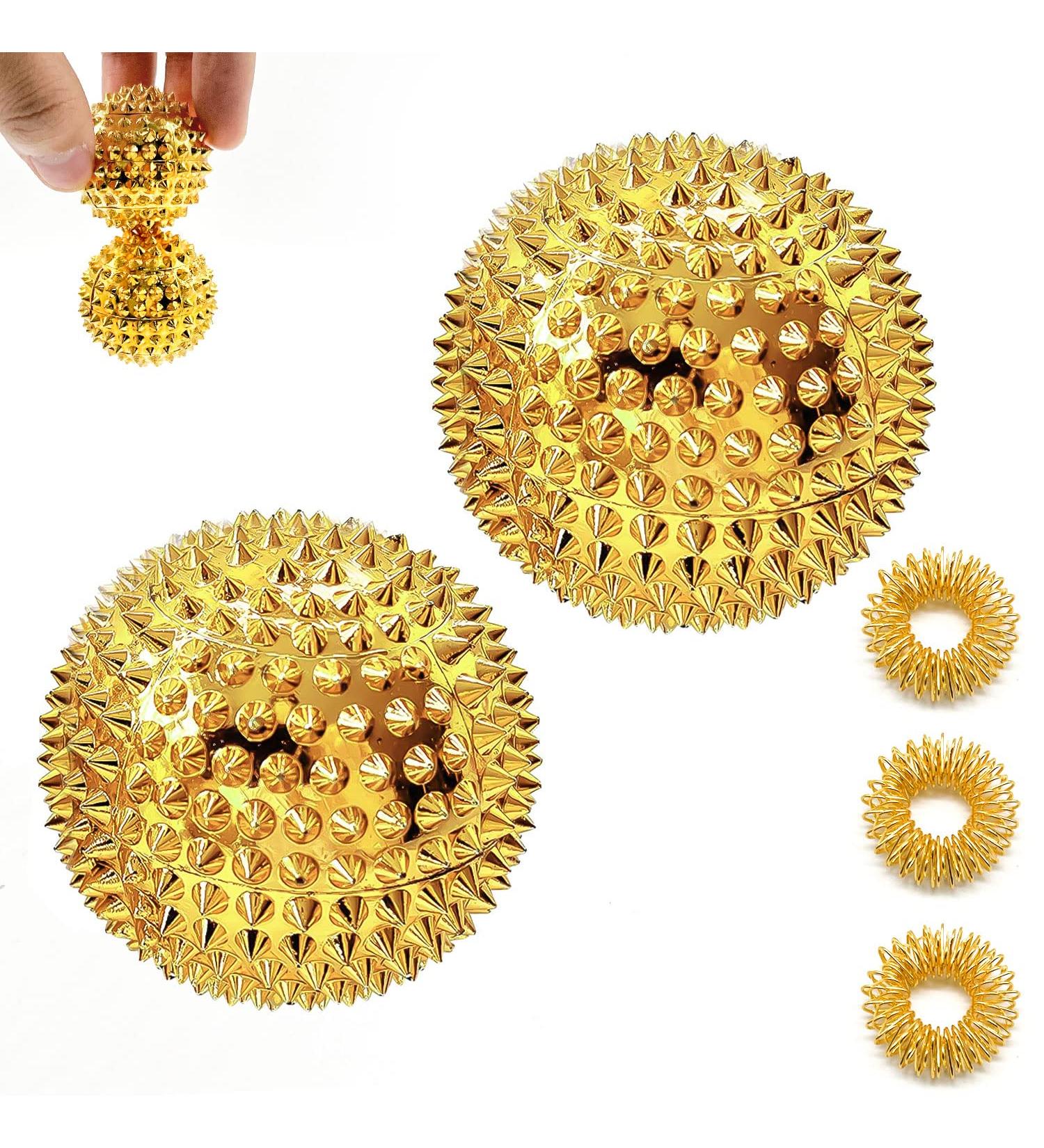 2 Magnetic Hedgehog Massage Balls & 3 Acupressure Rings - Stress Relief Yoga Massage Tools (Gold) - International Shipping Available - Buy Online on GoSupps.com