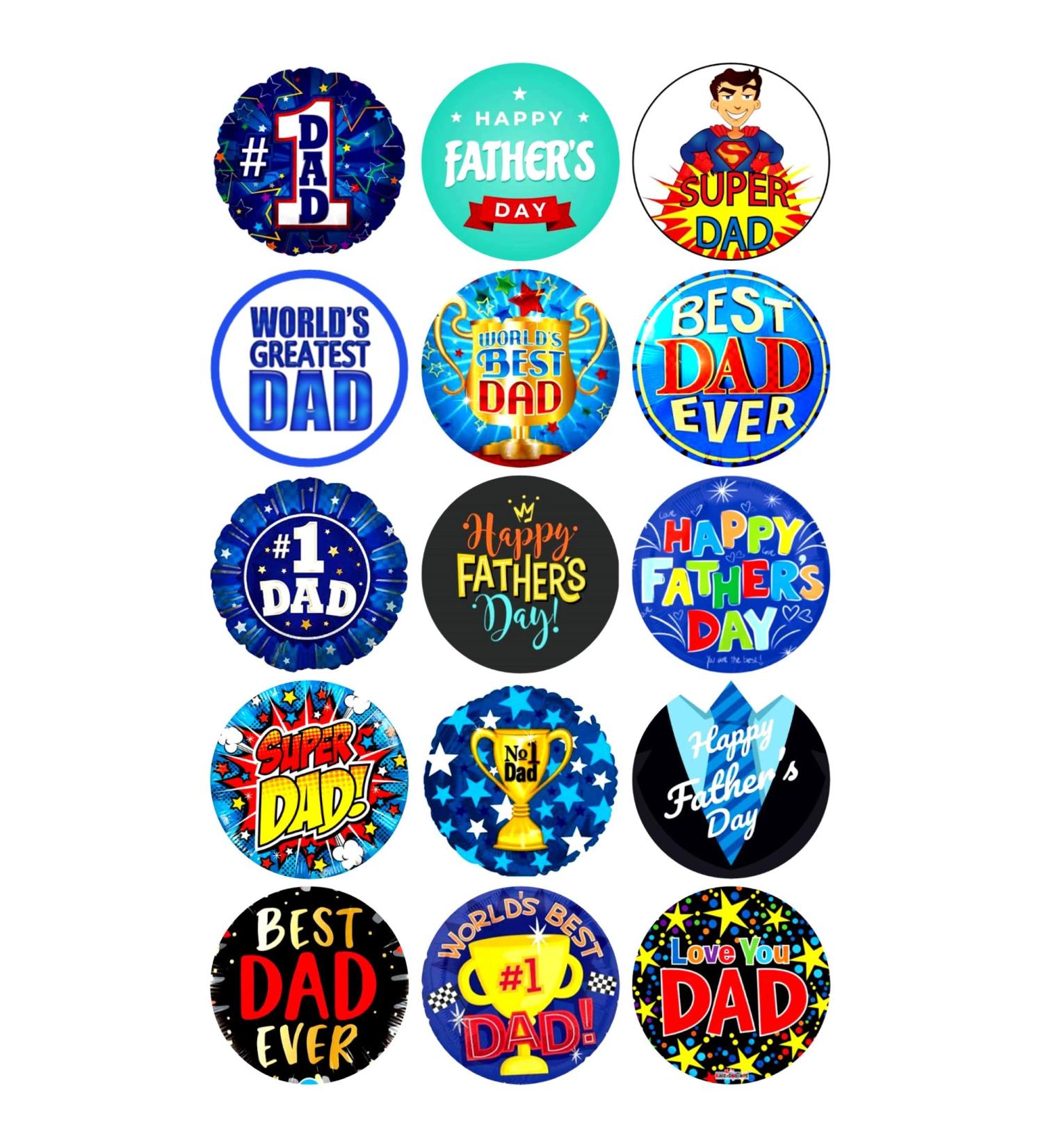 15 x Father's Day Party Pack Blue Edible Wafer or Icing Cupcake Topper Fun Dad Party Cake Decorations Perfect For Brownies Cookies Muffins & More! (Premium Icing Sheet)