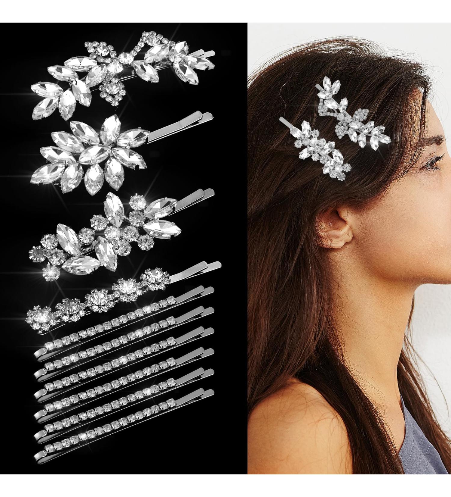 10Pcs Rhinestone Weeding Hair Clips Bridal Hairpin Silver Elegant Hair Barrettes Crystal Bobby Pins Leaf Flower Rhinestone Formal Hair Accessories for Women Girls - Buy Online on GoSupps.com