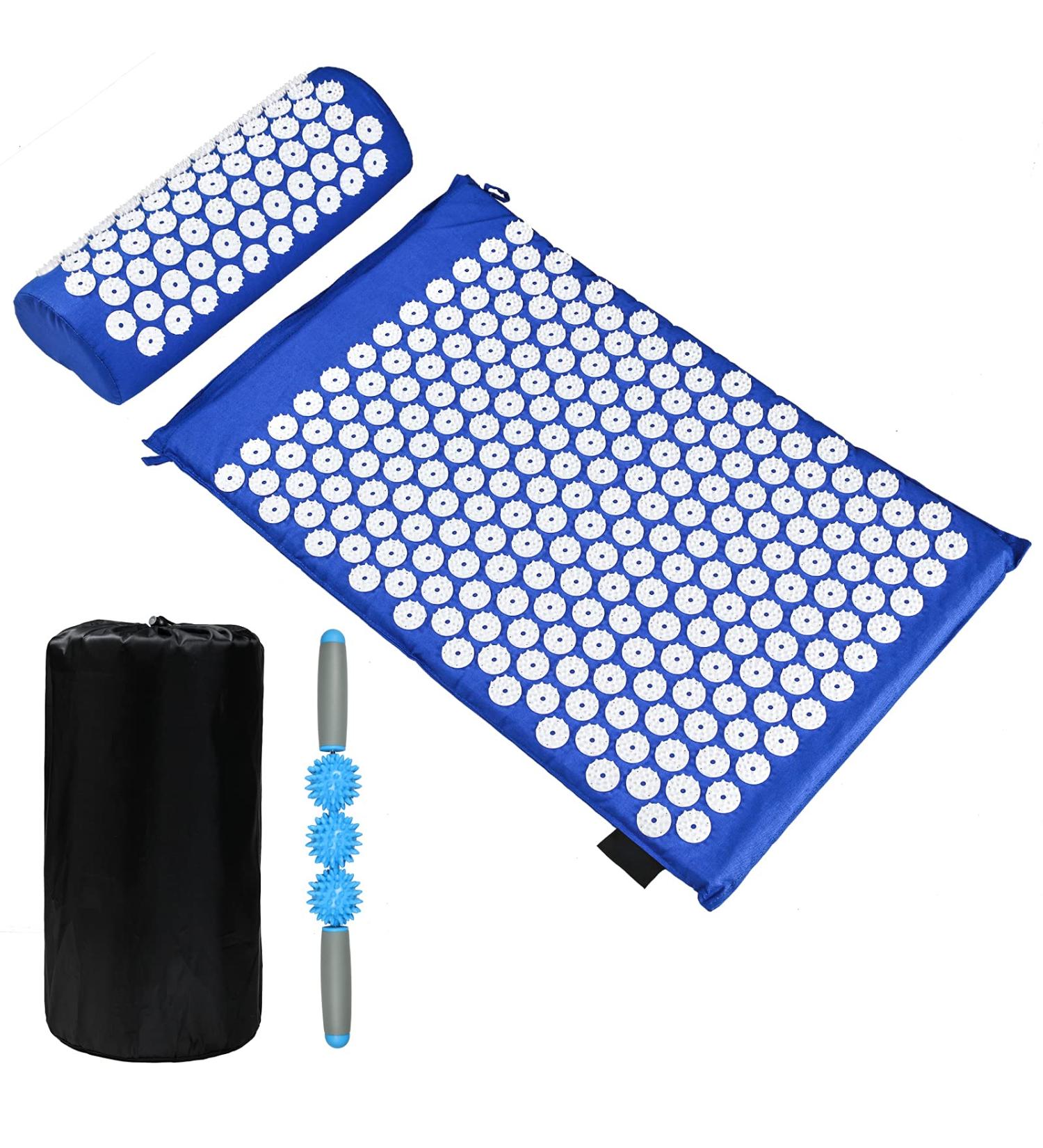 BRRIVER Acupressure Mat Set - Acupuncture Mat & Pillow with Massage Stick Blue Washable & Portable for Yoga Relaxation & Massage - Buy Online on GoSupps.com
