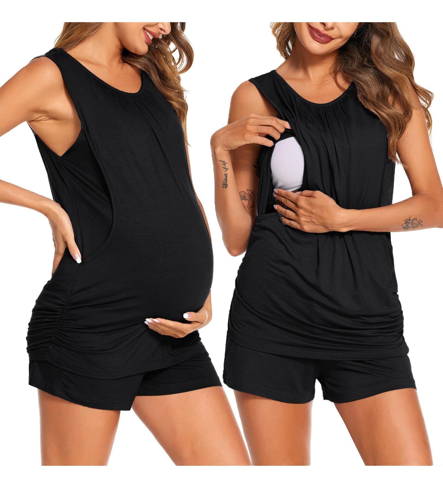 Ekouaer Women's Nursing Pyjamas Set | Short Two Piece Breastfeeding PJs | Adjustable Waistband | Pregnancy Sleepwear | S-XXL (Black) - Buy Online on GoSupps.com