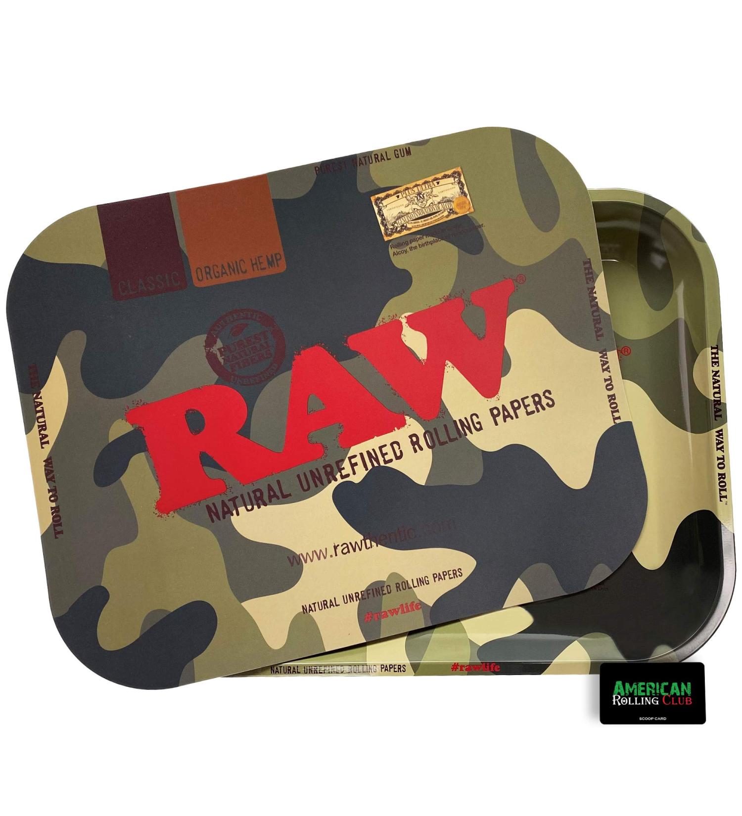 RAW Camo Rolling Tray with Magnetic Cover & American Rolling Club Scoop Card - Buy Online on GoSupps.com