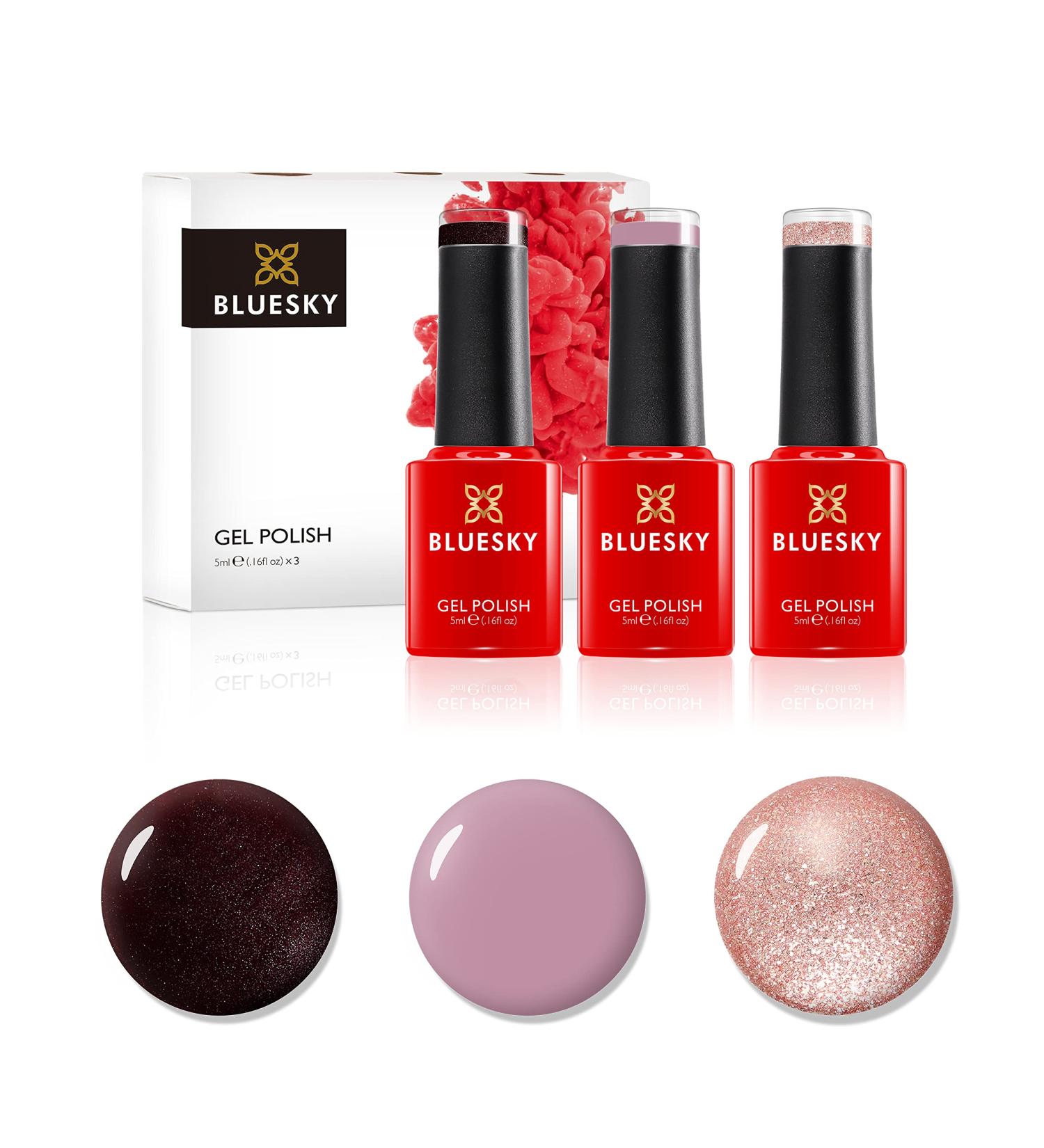 Bluesky Gel Nail Polish Set: Statement Pinks & Dark Burgundy - Musk Pink, You're A Gem Platinum, Red Pink Glitter - 3 x 5ml - Winter Pinks Collection - Buy Online on GoSupps.com