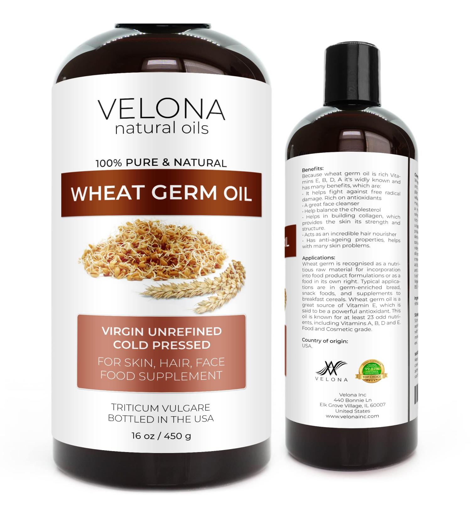 Velona Wheat Germ Oil USP Grade 16 oz 100% Pure & Natural Carrier Oil for Cooking, Face, Hair, Body & Skin Care - Buy Online on GoSupps.com