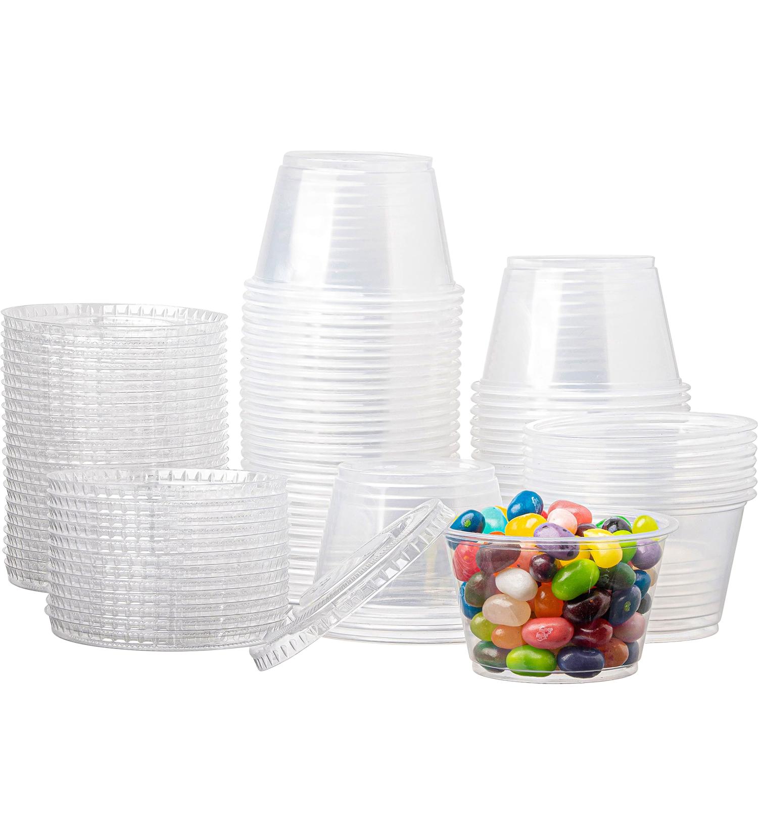 100 Clear Jello Shot Cups with Lids - 4 oz Plastic Portion, Condiment, Sauce, Dressing Container for On-the-Go - Buy Online on GoSupps.com