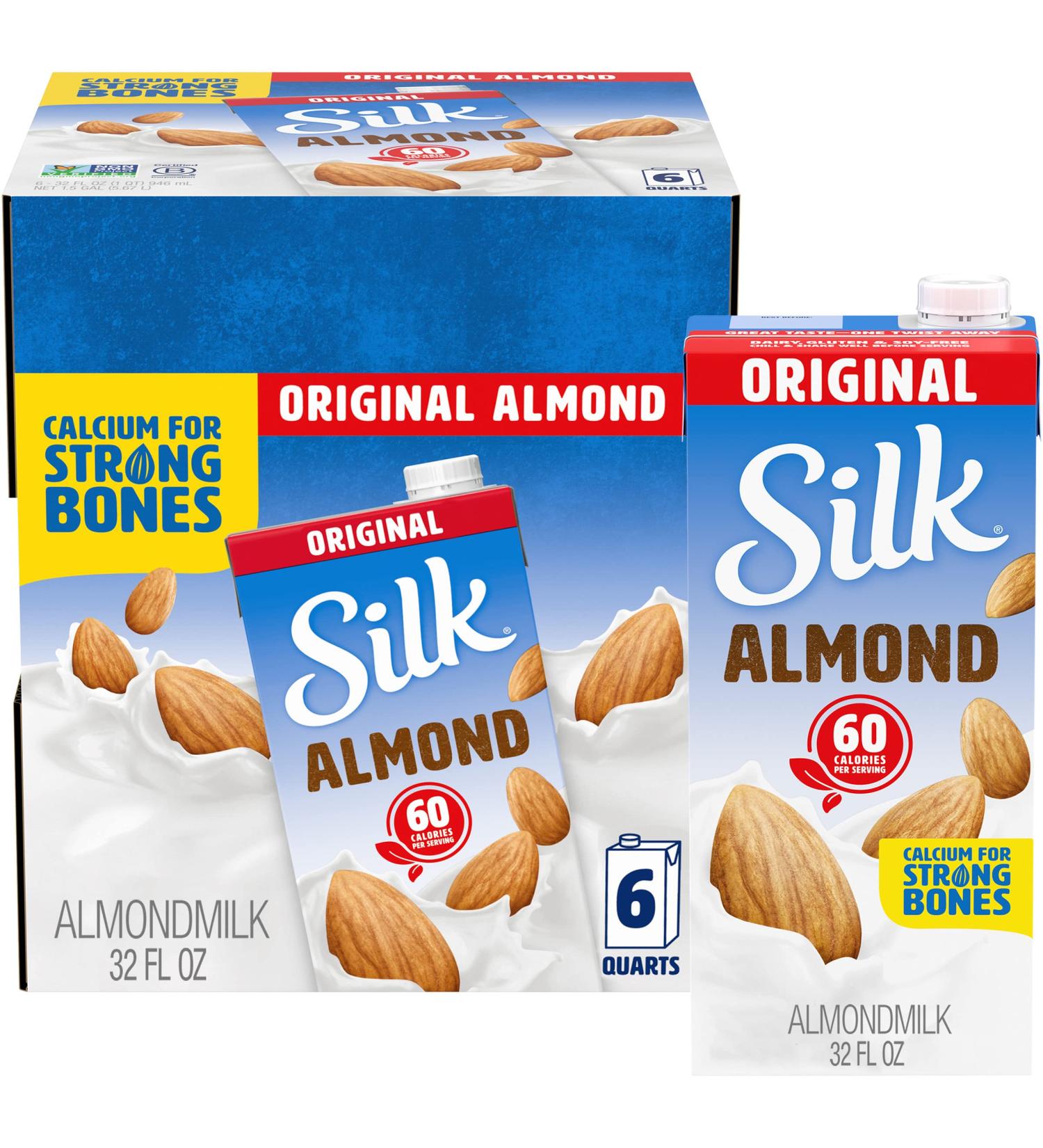 Silk Pure Almond Milk Original, 32 Fl Oz - Pack of 6 | Dairy-Free & Nutritious - Buy Online on GoSupps.com