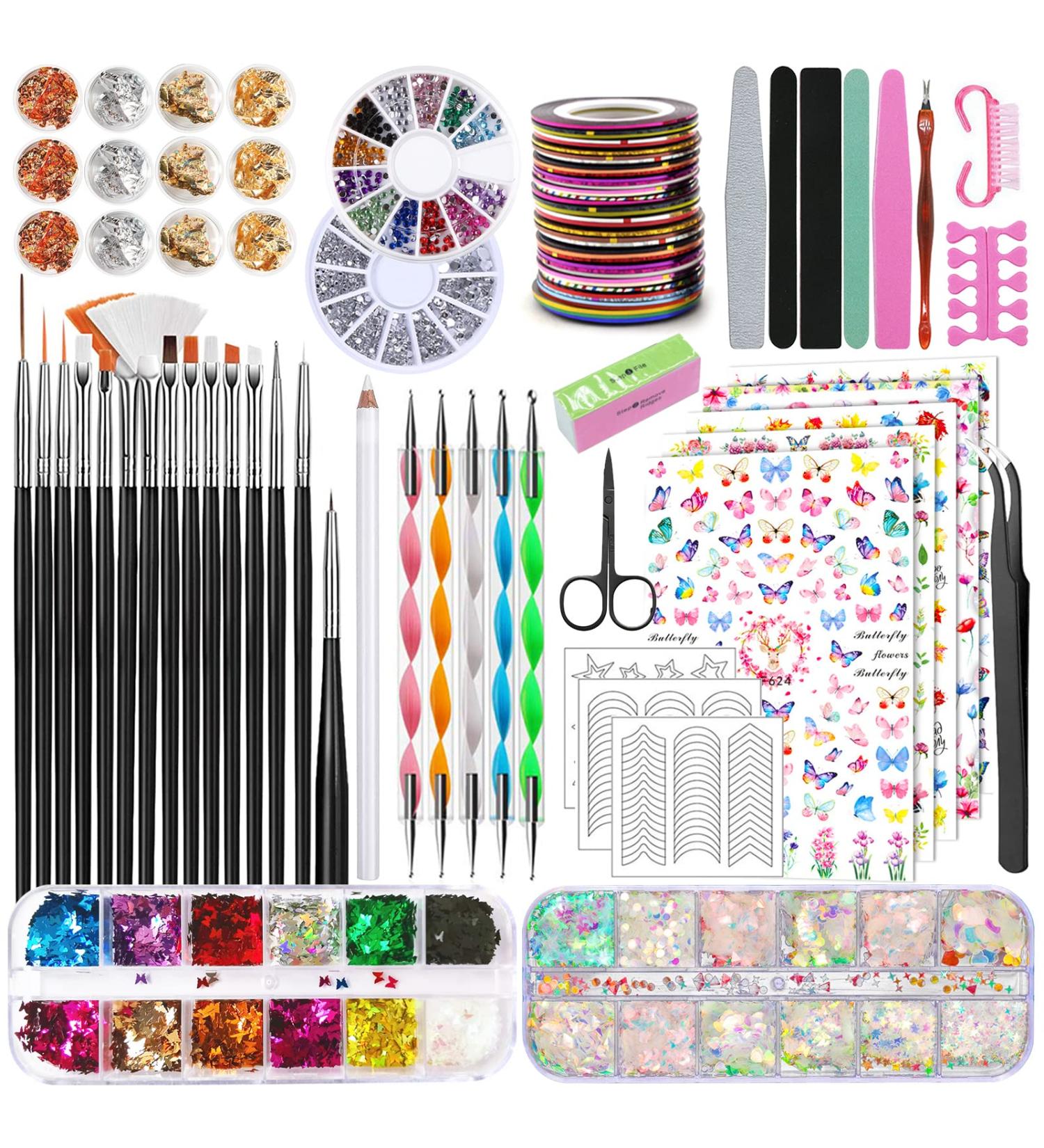 Tavada Nail Art Brush & Decoration Set - 15 PCs Brushes 5 Leaves Nail Stickers Dotted Pens Rhinestones & Ultra Thin Nail Seeds for Perfect Manicure - Buy Online on GoSupps.com
