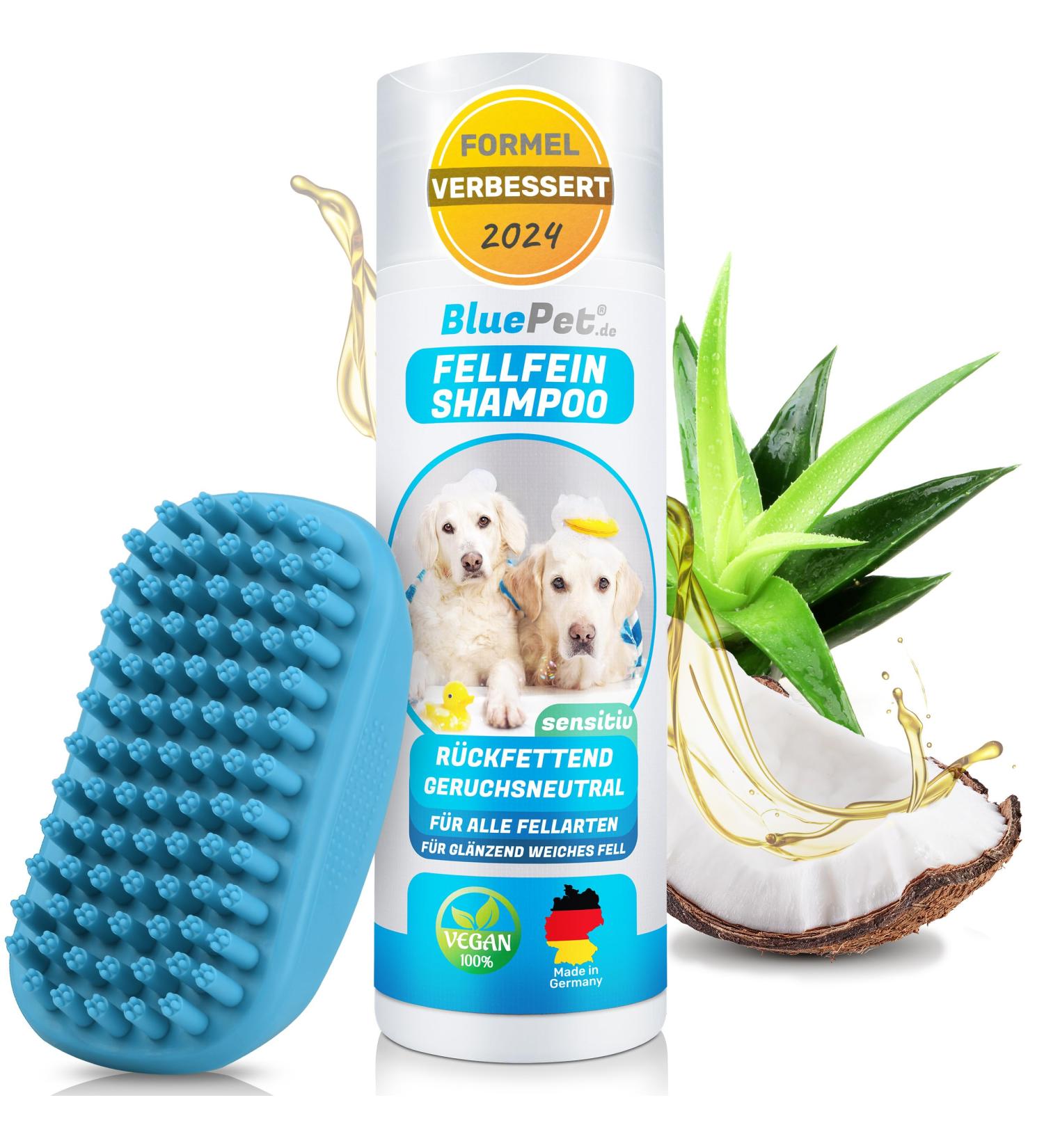 Bluepet Fellfein Vegan Dog Shampoo for Sensitive Skin - Aloe Vera & Jojoba Oil - Eliminates Smells & Itching - Shiny Fur - International Shipping Available - Buy Online on GoSupps.com