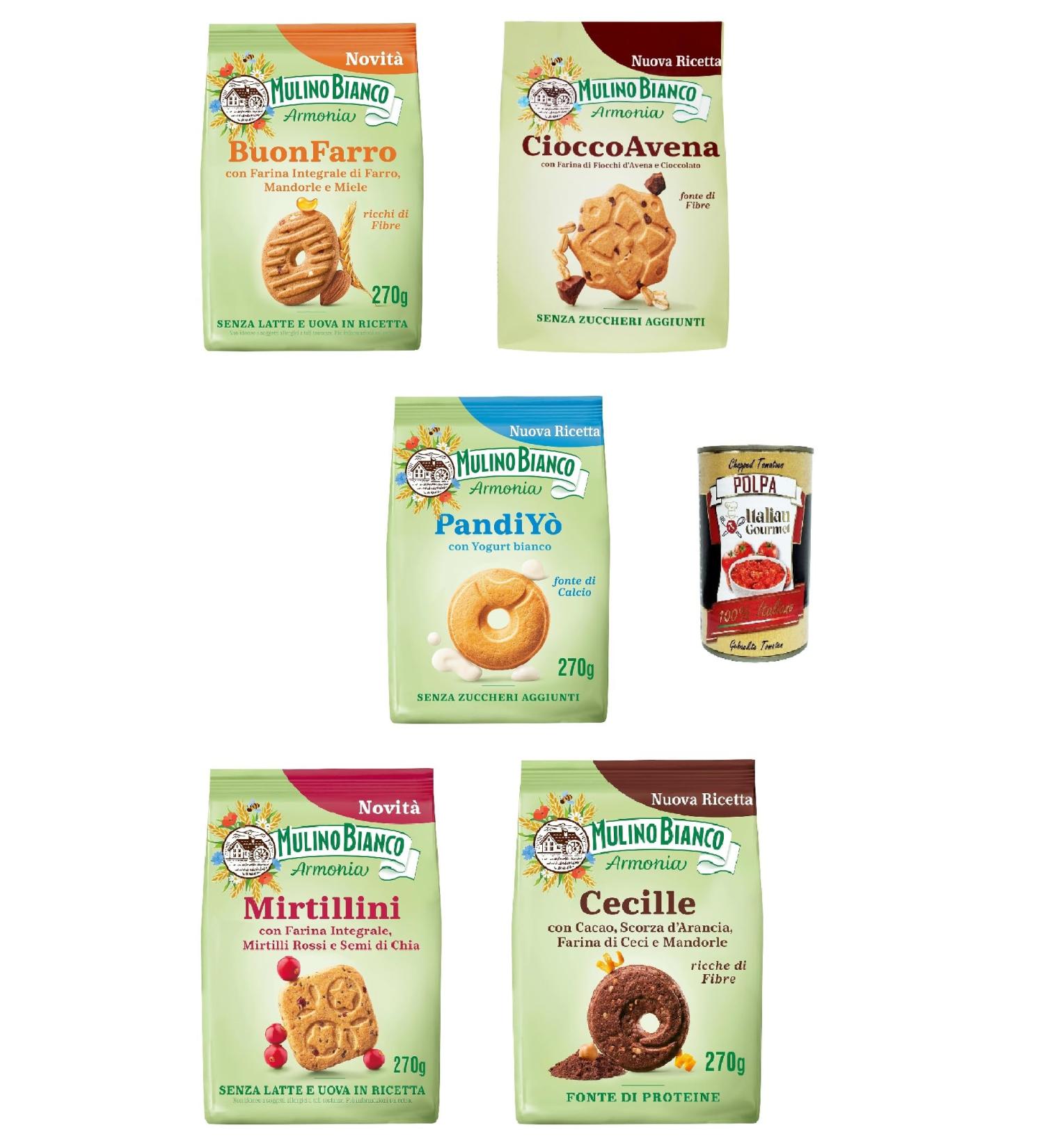  Italian Gourmet E.R. Mulino Bianco Set of 5 packs of 270 g of biscuits Armonia Cecille Buonfarro Mirtillini PandiYO Cioccoavena 5 x 270 g + Italian gourmet pulp 400 g - Buy Online on GoSupps.com
