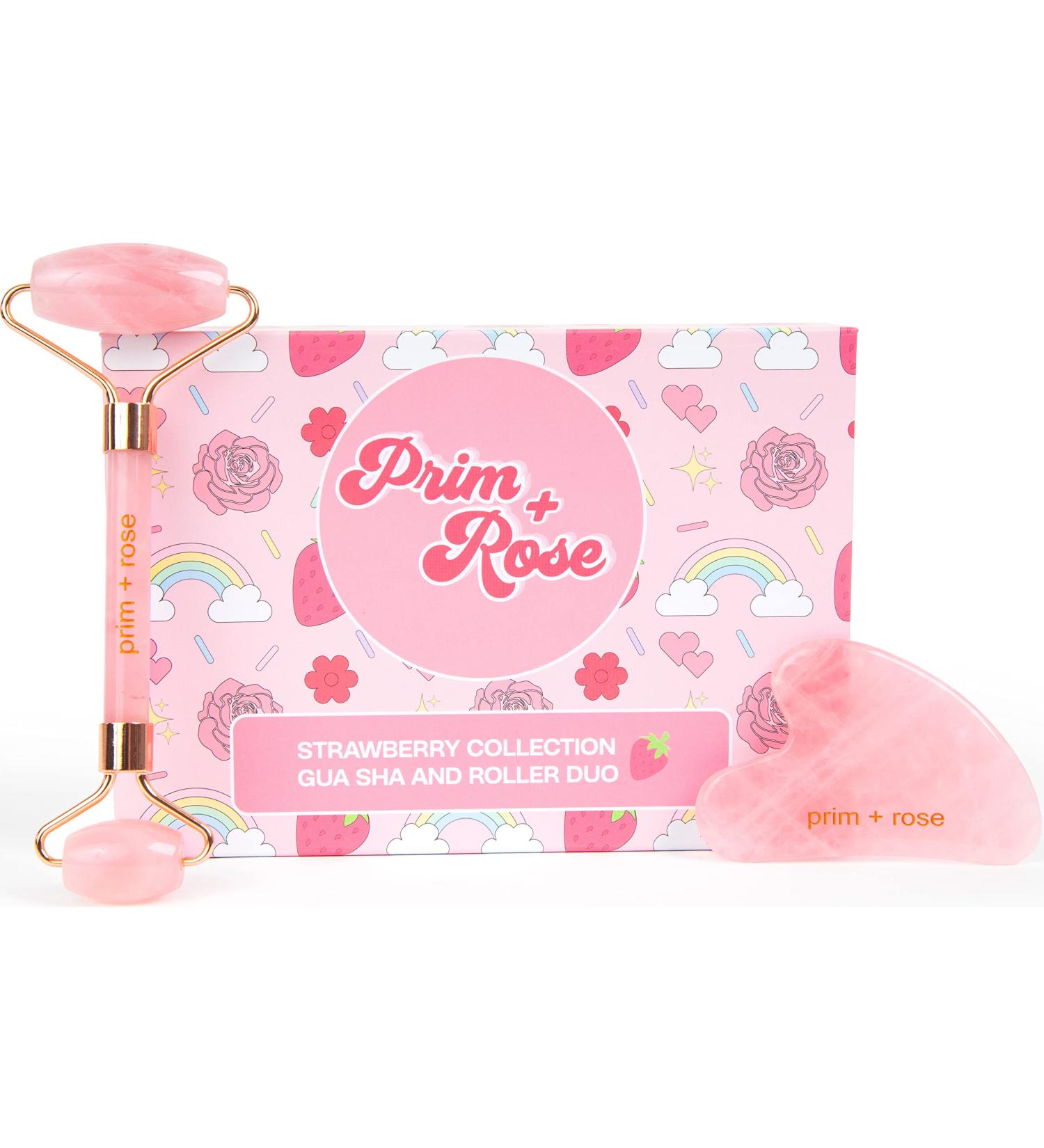 Prim+Rose Rose Quartz Gua Sha & Face Roller Set - Sculpt Massage Relieve Tension | Velvet Pouch & Sticker Sheet | International Shipping Available - Buy Online on GoSupps.com