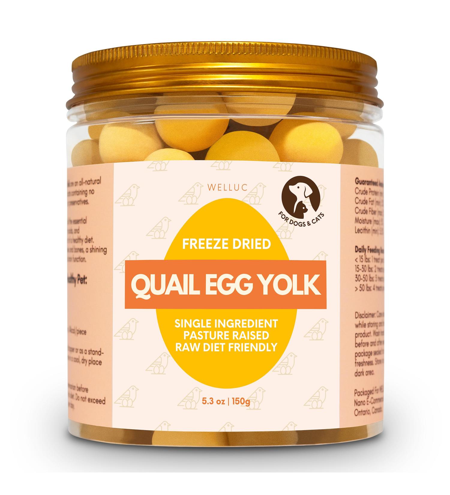 Freeze Dried Quail Egg Yolk for Cats & Dogs | Single Ingredient Raw Pet Treats | Pasture Raised - High Protein Healthy Food Topper Training Treats for Shiny Coat | 150g (5.3 oz) Resealable Jar - Buy Online on GoSupps.com
