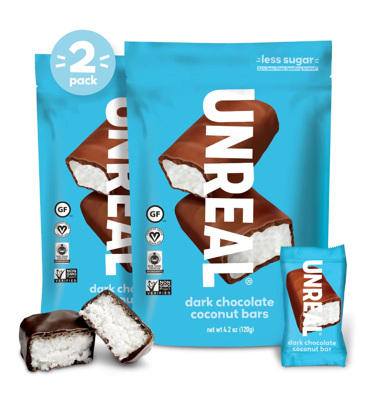 UNREAL Dark Chocolate Coconut Bars - Certified Vegan, Gluten Free, Fair Trade, Non-GMO - 3g Sugar, No Sugar Alcohols or Soy - 2 Bags - Buy Online on GoSupps.com
