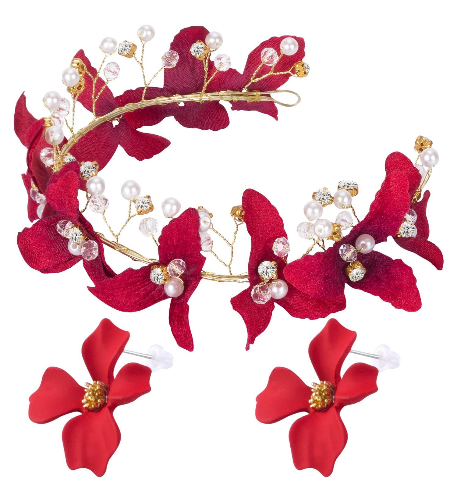 ANCIRS Red Flower Crown Bridal Headband & Crystal Floral Ear Stud Set for Women - Wedding & Special Occasion Hair Accessories - Buy Online on GoSupps.com