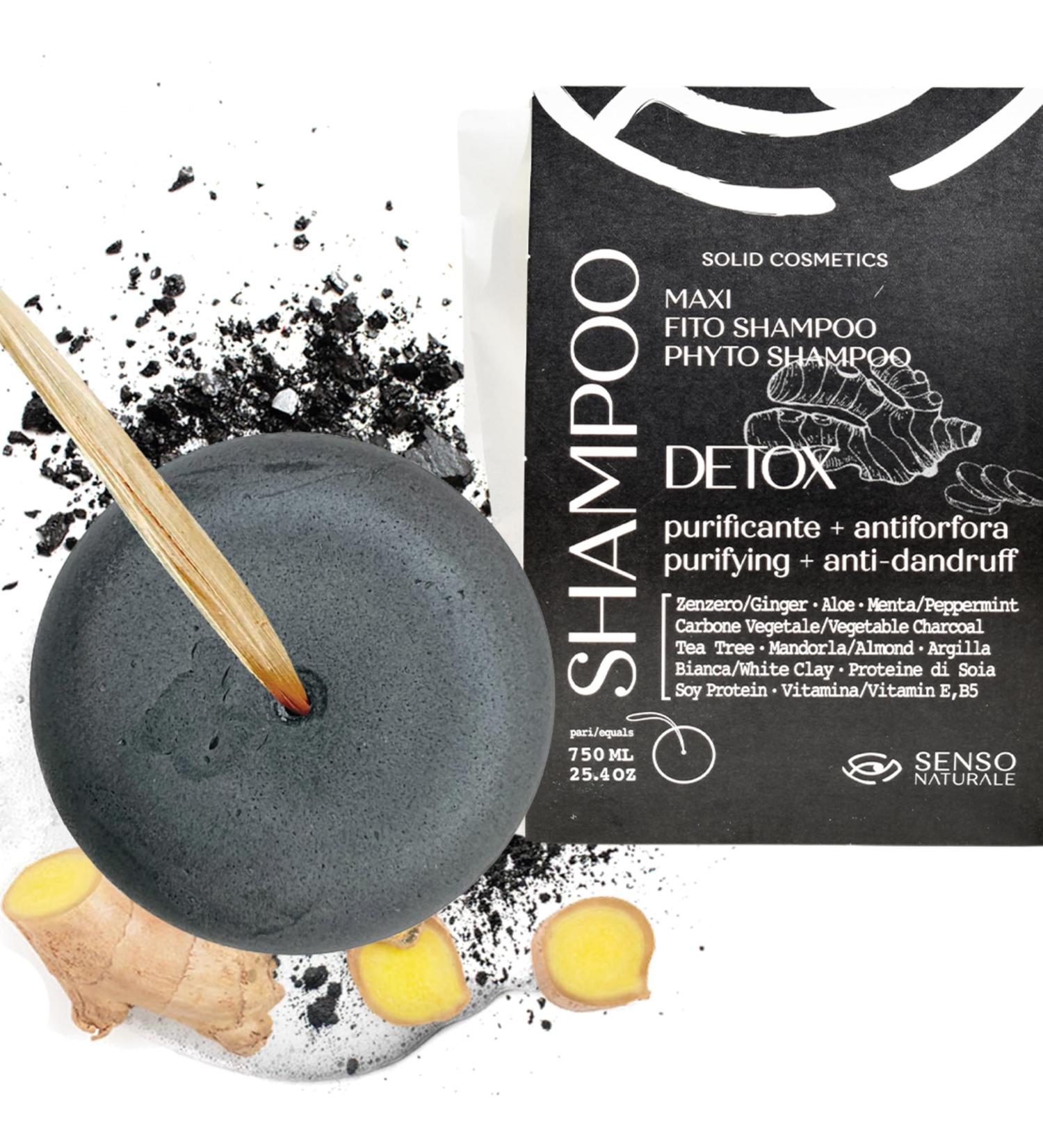 Senso Naturale Solid Shampoo Detox Purifying Anti-Dandruff and Seborrheic Dermatitis for Oily Hair with Vegetable Charcoal Tea Tree Ginger Coconut Oil does not dry out the Lengths PH 4.5-5.0 - Buy Online on GoSupps.com