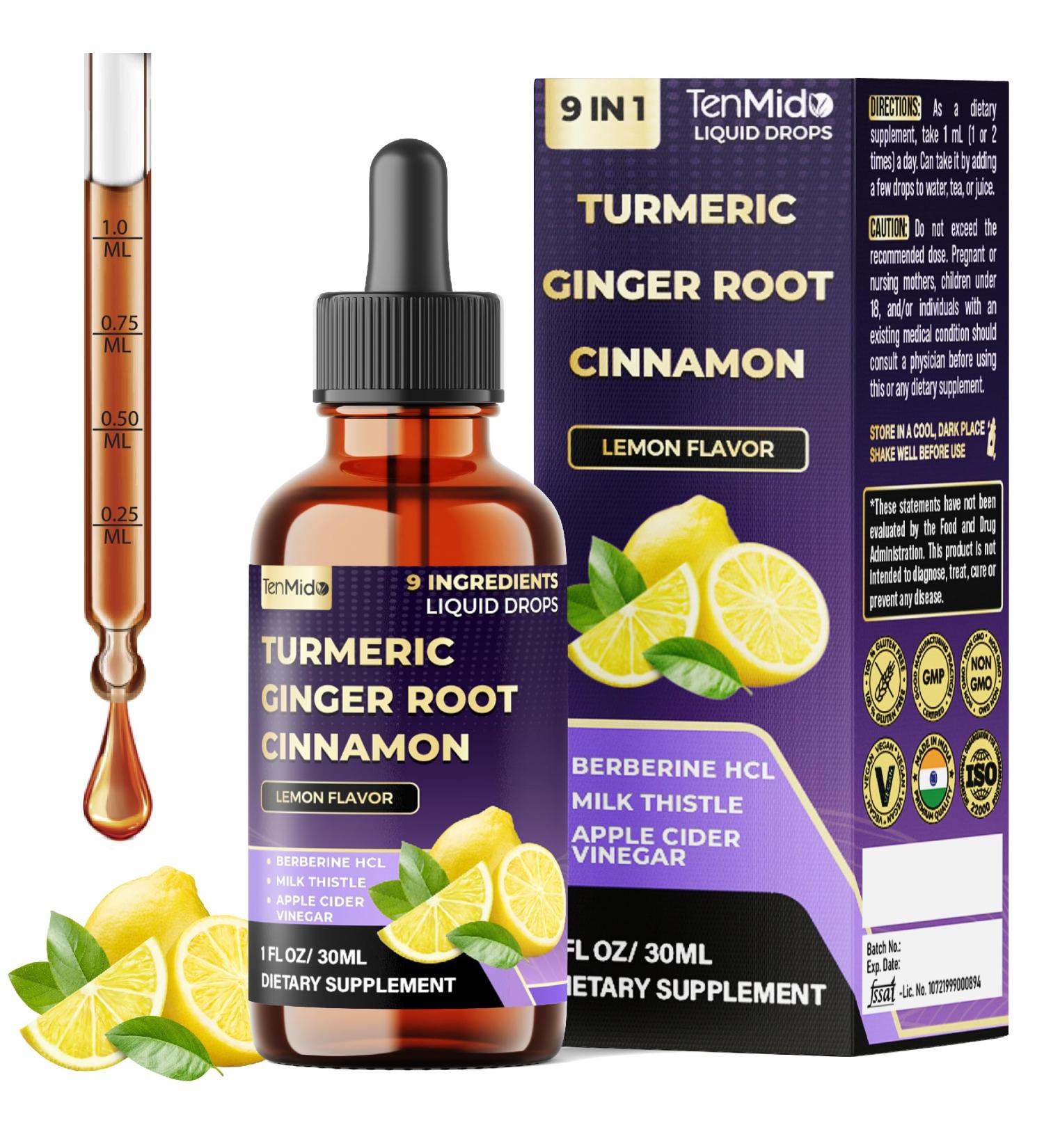 Tenmido 9in1 Liquid Turmeric Curcumin Supplement with Ginger Ceylon Cinnamon Berberine HCl Milk Thistle Apple Cider Vinegar Rosemary Holy Basil & Black Pepper - 30ml 1Fl Oz - Buy Online on GoSupps.com