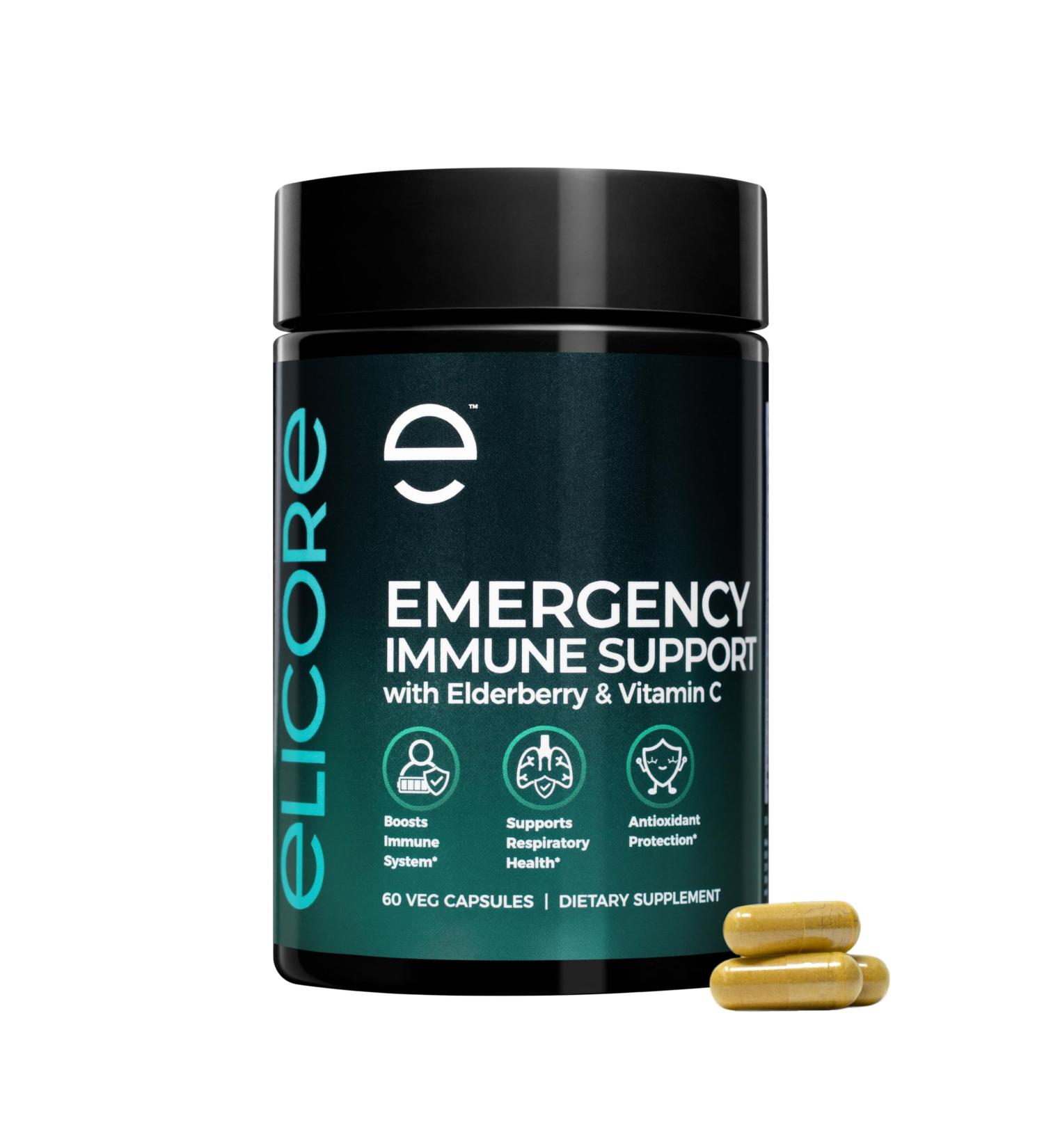 ELICORE Emergency Immune Support Supplement Vitamin C E B6 Zinc Elderberry Echinacea Garlic & Turmeric Immune Booster for Adults Gluten Free Sugar Free Vegan Friendly 60 Capsules - Buy Online on GoSupps.com