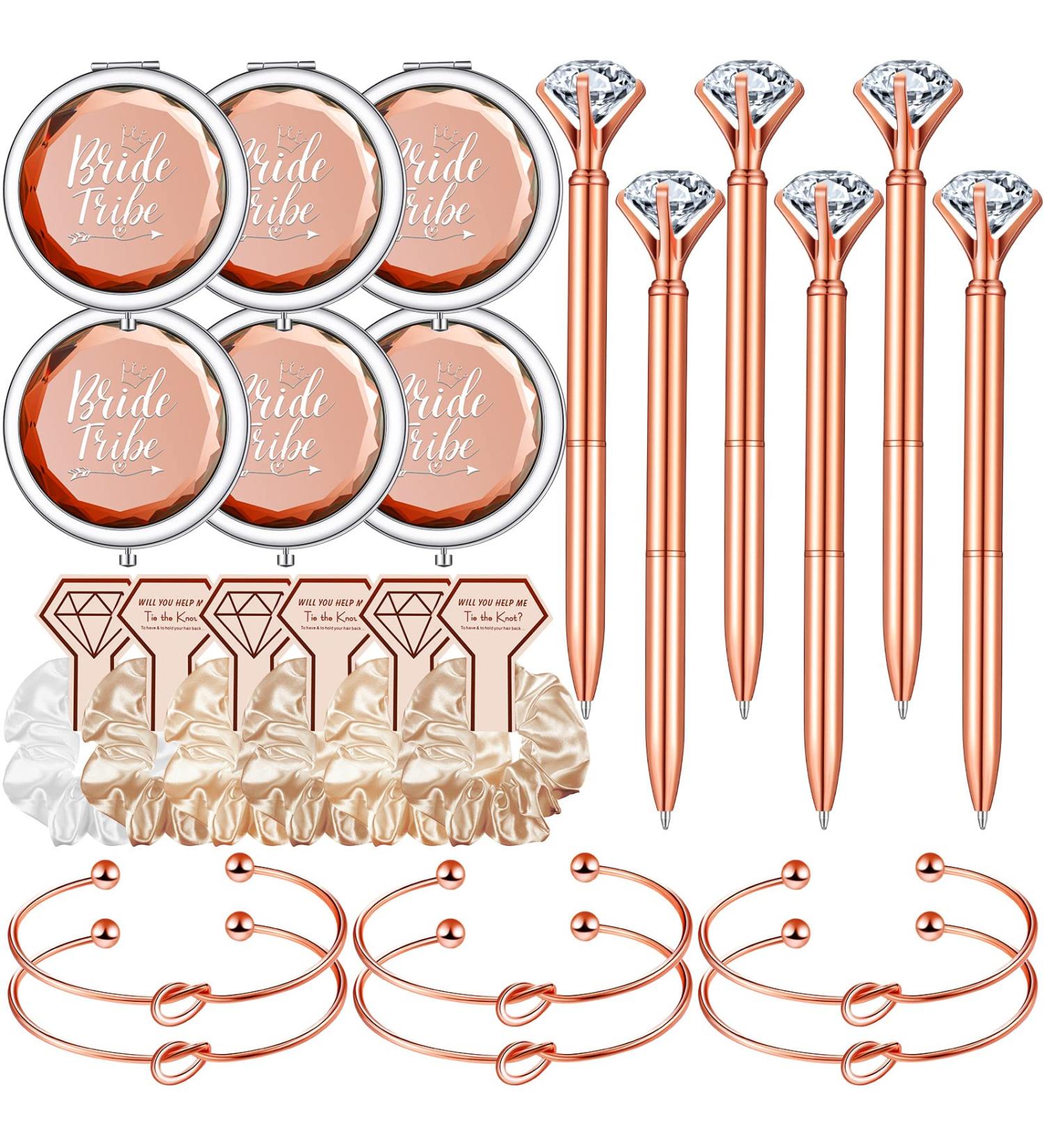 24 Pack Bridesmaid Proposal Gifts: Hair Scrunchies, Makeup Mirror, Love Knot Bracelets, Diamond Pens | Wedding Bridal Party Accessories - Buy Online on GoSupps.com