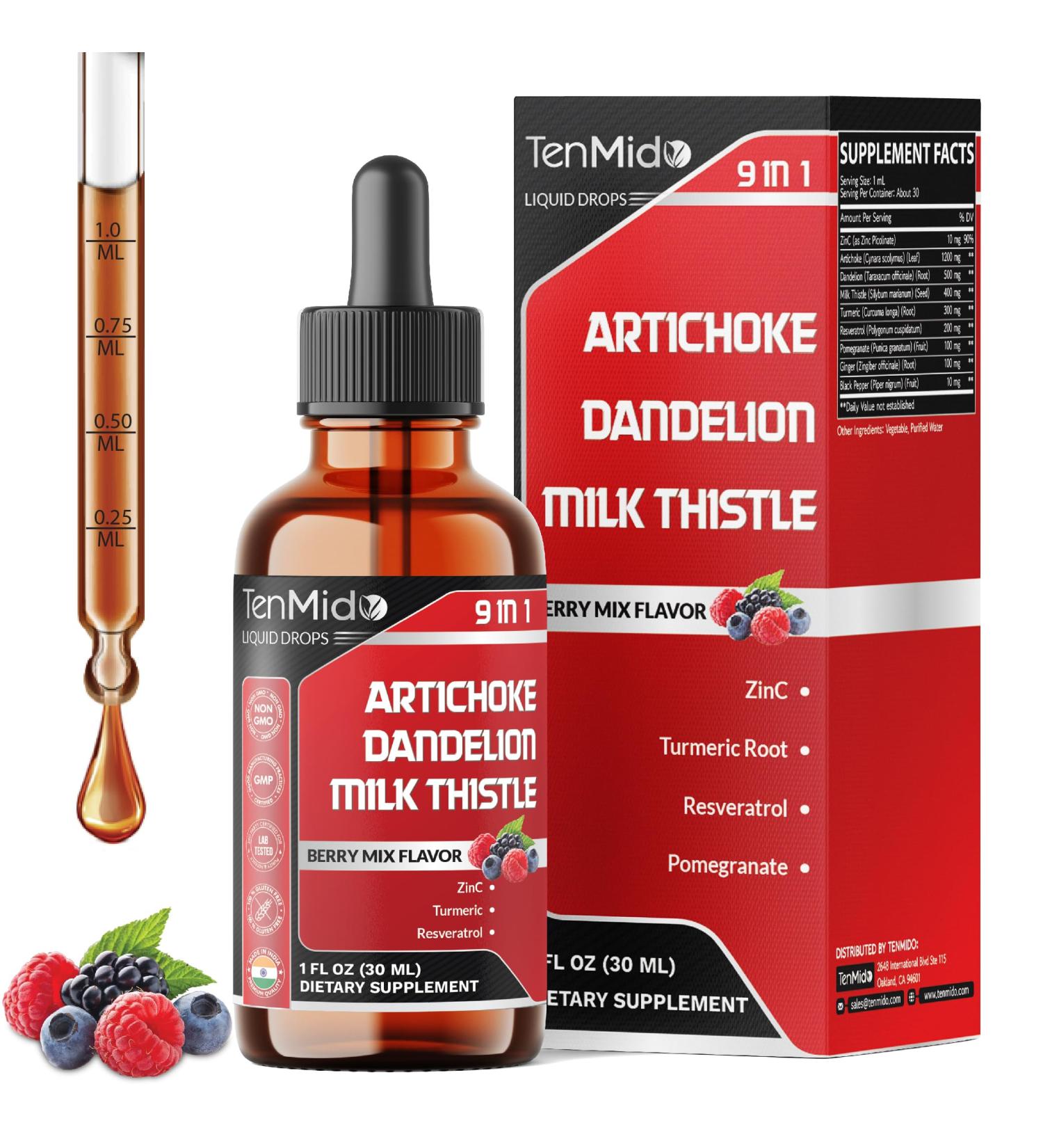 Tenmido Artichoke Extract Liquid Drops - 9in1 Herbal Supplements Liquid with Zinc Dandelion Milk Thistle Turmeric Resveratrol Pomegranate Ginger and Black Pepper - 30ml 1Fl Oz - Buy Online on GoSupps.com