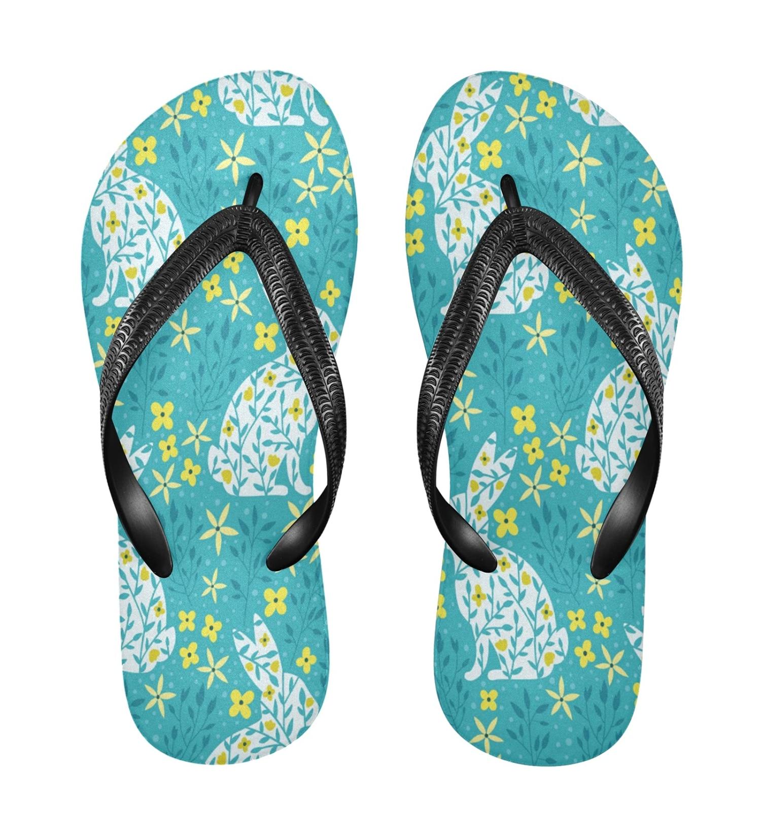 Mnsruu XL Flip-Flops with Yellow Flower Pattern & Green Rabbits - Perfect for Home Hotel Spa & Travel - Unisex Comfort - Buy Online on GoSupps.com