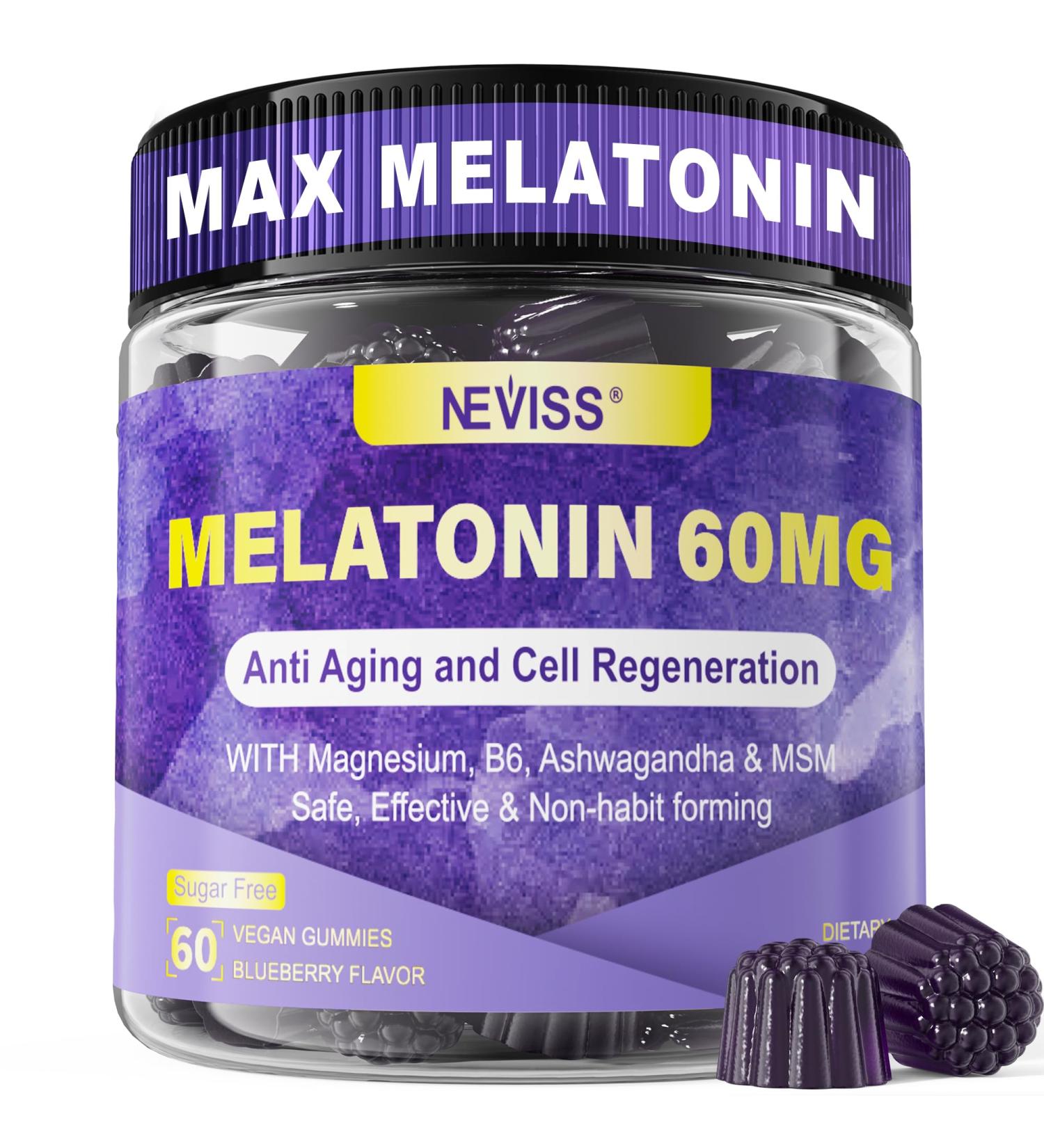 Antioxidant & Brain Support Melatonin 60mg 30mg for 50+ Adults | High Dose Melatonin for Anti-Aging & Immune | Extra Strength Melatonin Gummies with B6 Ashwagandha Magnesium MSM - 60 Gummies 60 Count (Pack of 1) - Buy Online on GoSupps.com