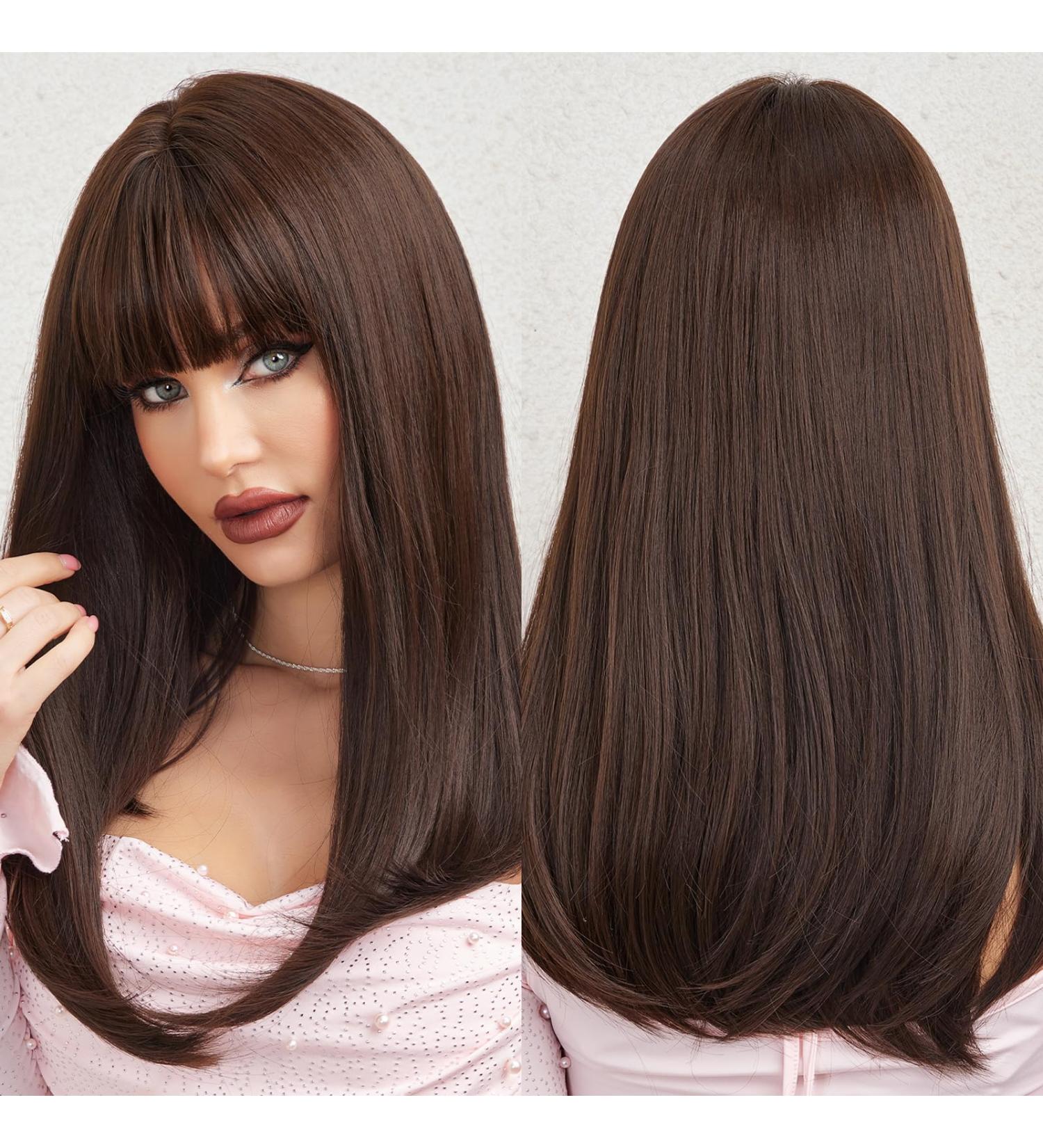 HAIRCUBE Dark Brown Synthetic Women's Wig - Long Straight Layered & Heat Resistant - International Shipping Available - Buy Online on GoSupps.com