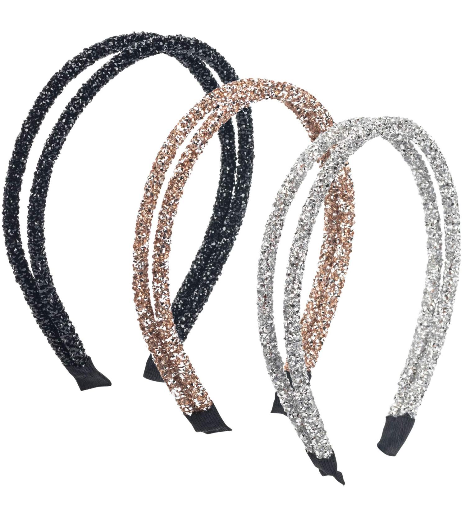PAGOW 3pcs Double Crystal Side Hair Bands - Rhinestone Diamond Vintage Turban Hair Accessories for Women Girls (Black/Silver/Champagne) - Buy Online on GoSupps.com