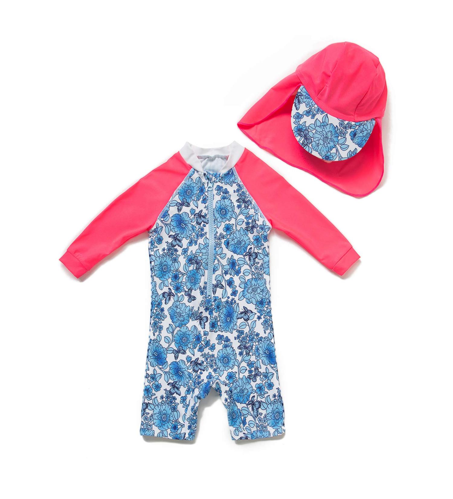 Bonverano Baby Girls Long-Sleeve Swimsuit | UPF 50+ Sun Protection | 18-24 Months | Blue/White - Buy Online on GoSupps.com