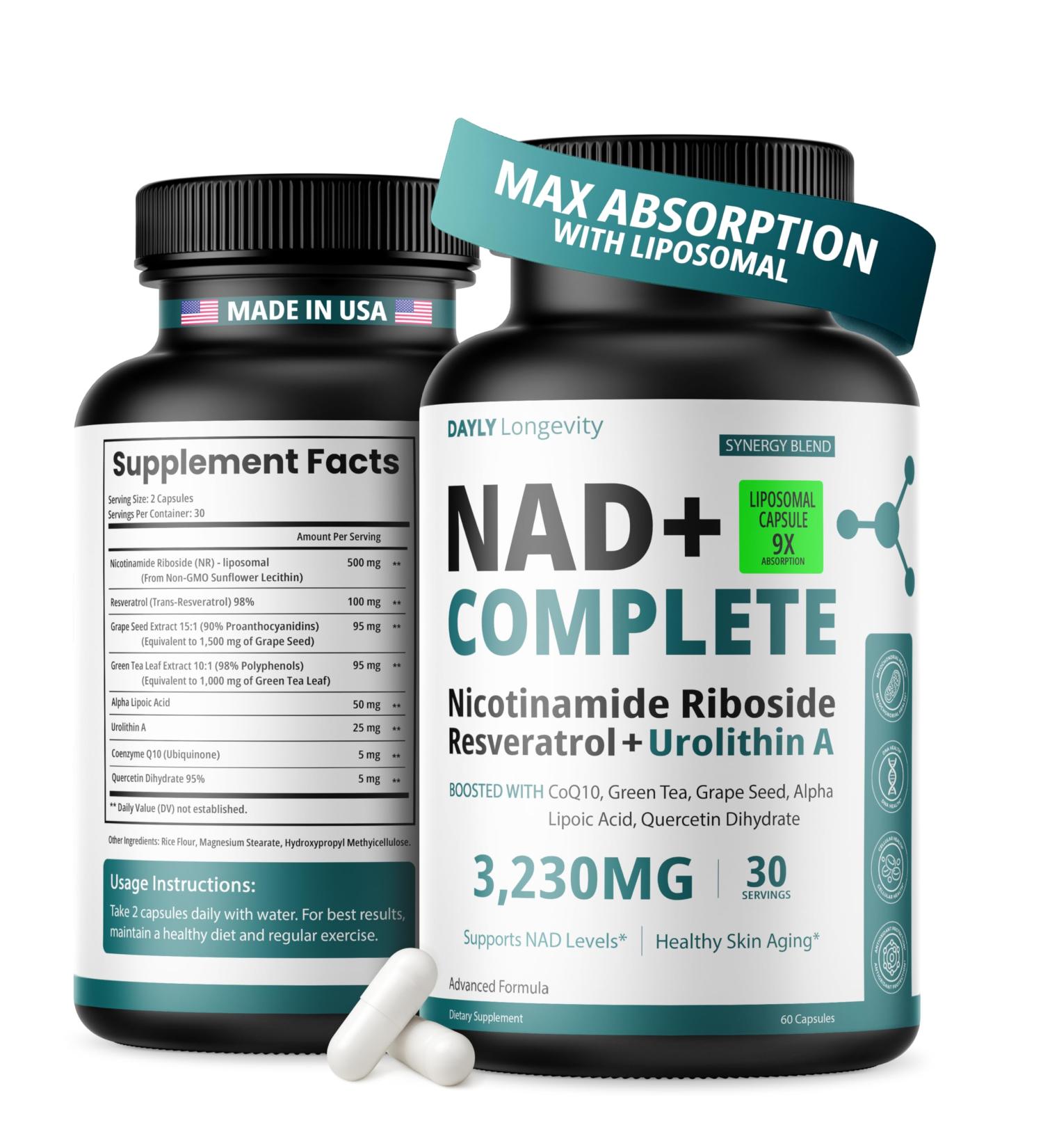 DAYLY Liposomal NAD+ Supplement Nicotinamide Riboside with Urolithin A Resveratrol & CoQ10 NAD Plus Formula for Men & Women Energy Cellular Repair & Anti-Aging Support 30 Days 60 Count (Pack of 1) - Buy Online on GoSupps.com