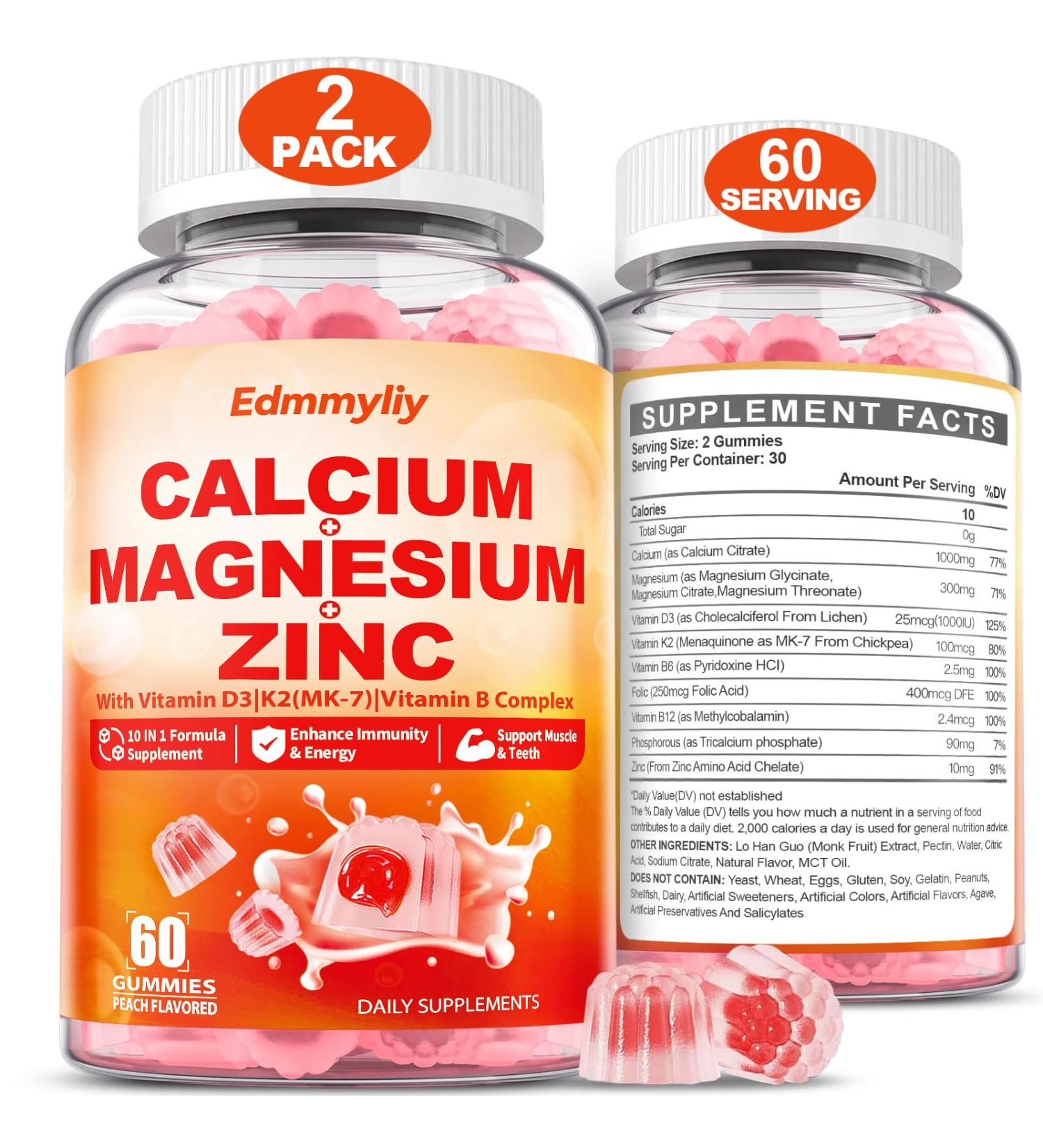 Calcium Magnesium Zinc Supplement Gummies with Vitamin D3 K2 & B Complex for Women Men 1000mg Calcium Citrate with Magnesium Gummies for Bone Muscles & Immune Support Sugar Free Vegan Peach 60 Count (Pack of 2) - Buy Online on GoSupps.com