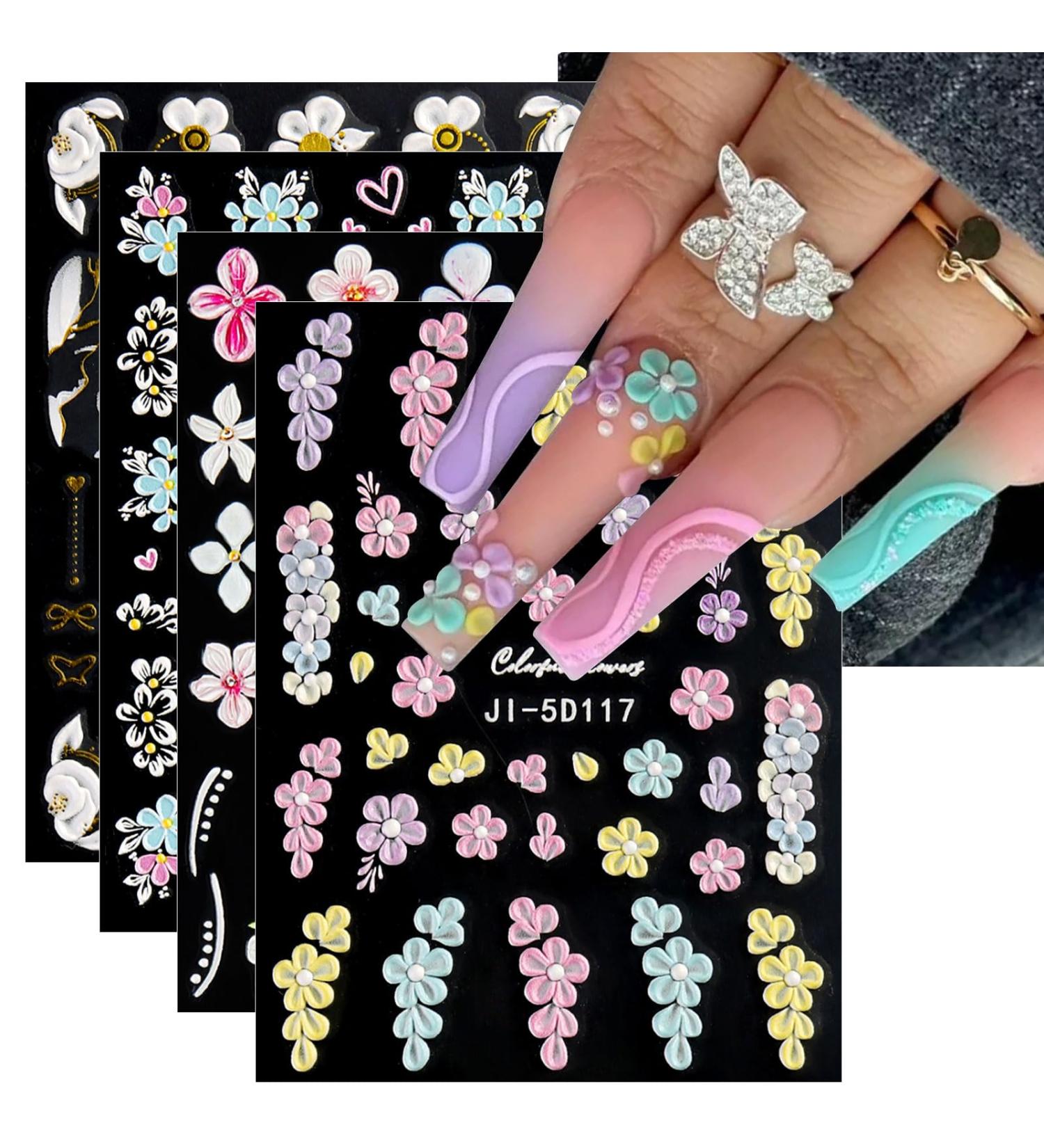 JMEOWIO 3D Embossed Flower Nail Art Stickers Decals Self-Adhesive 5D Spring Summer Floral Butterfly Pink White Nail Supplies Nail Art Design Decoration Accessories 4 Sheets - Buy Online on GoSupps.com