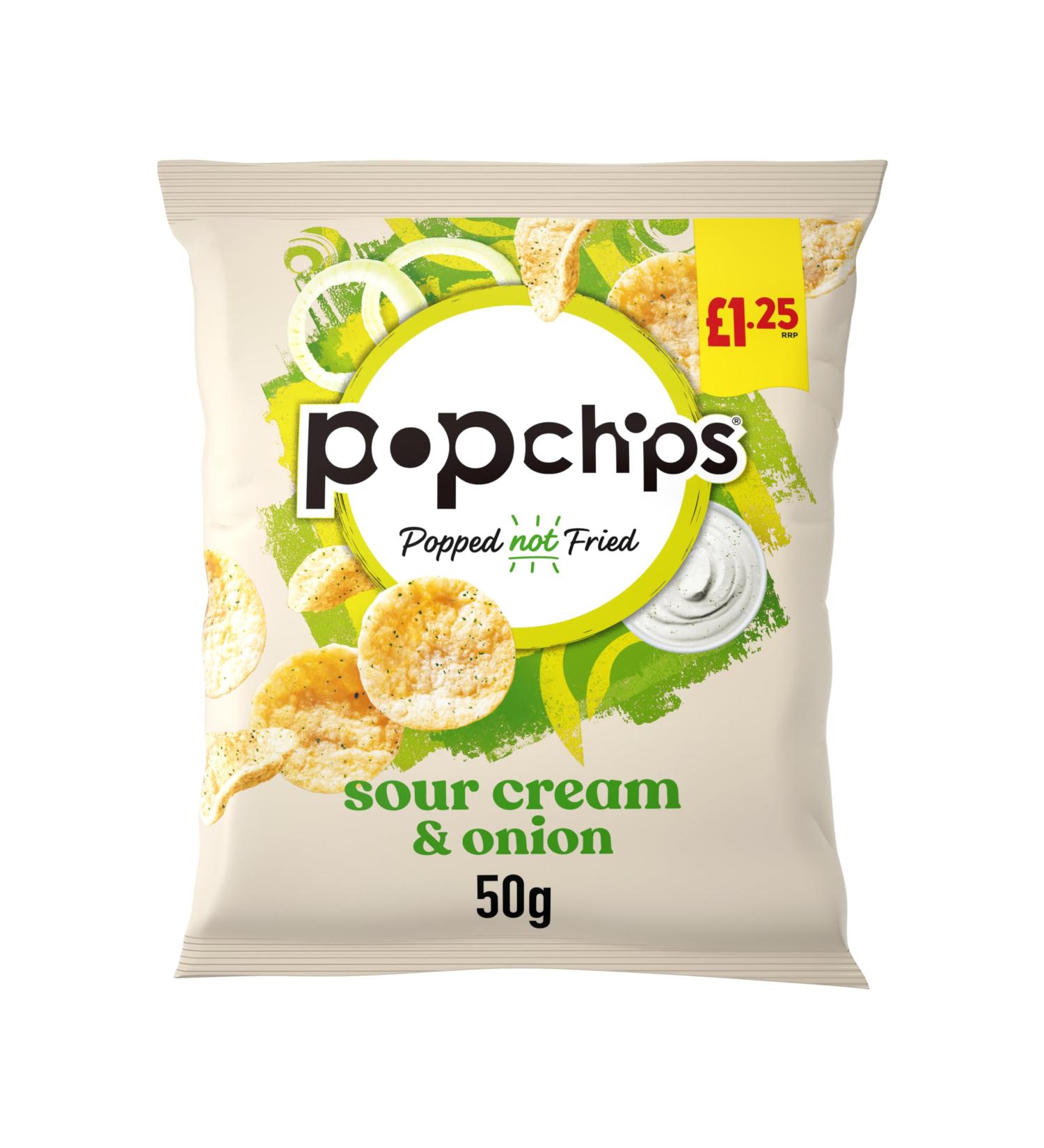 Popchips SOUR CREAM & ONION Popped Crisps Snacks 16 x 50g PMP Bags || Vegan & Gluten Free option