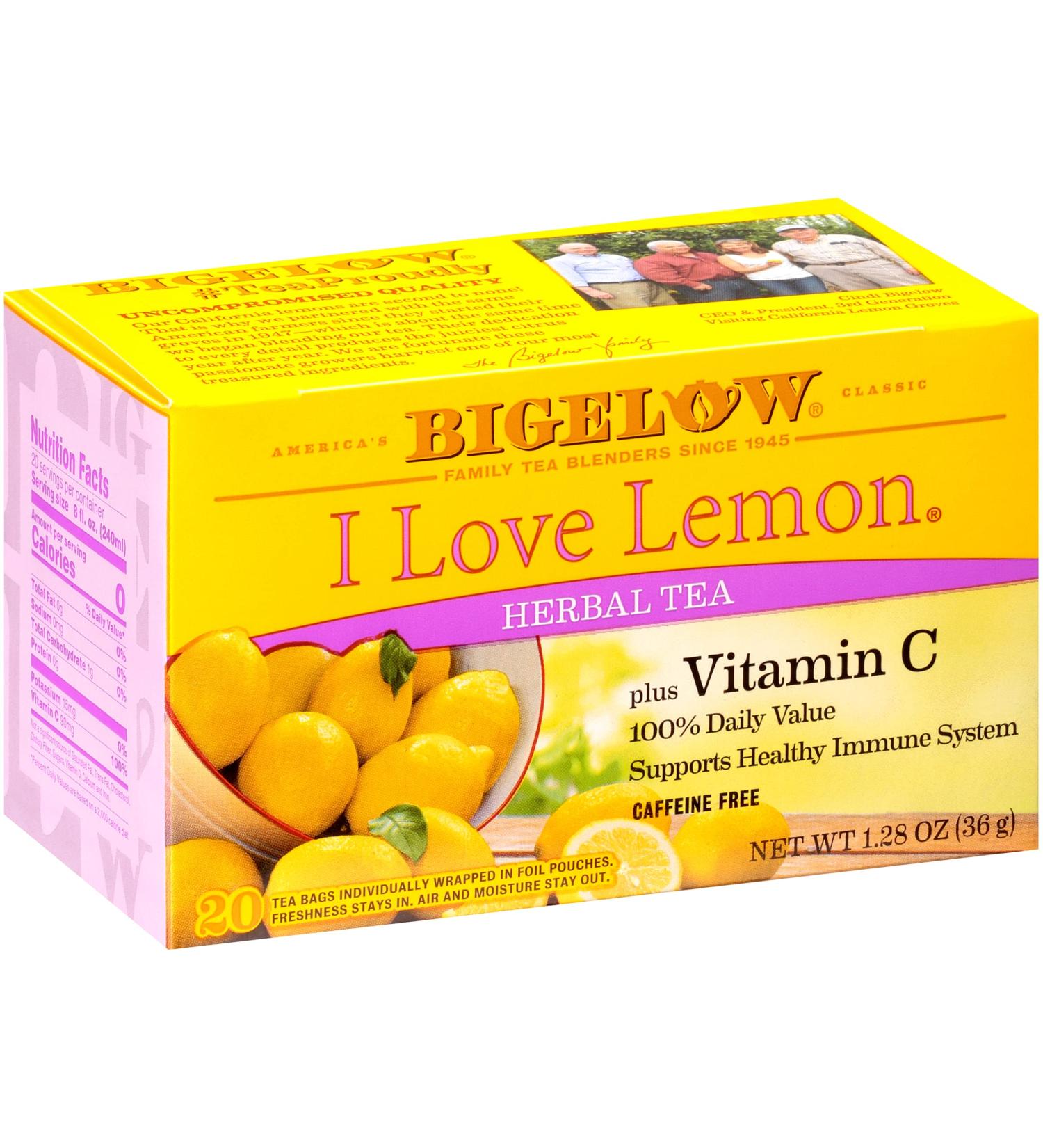 Bigelow I Love Lemon Herbal Tea with Vitamin C | Caffeine Free | 20 Bags | 1.28 oz - Buy Online on GoSupps.com
