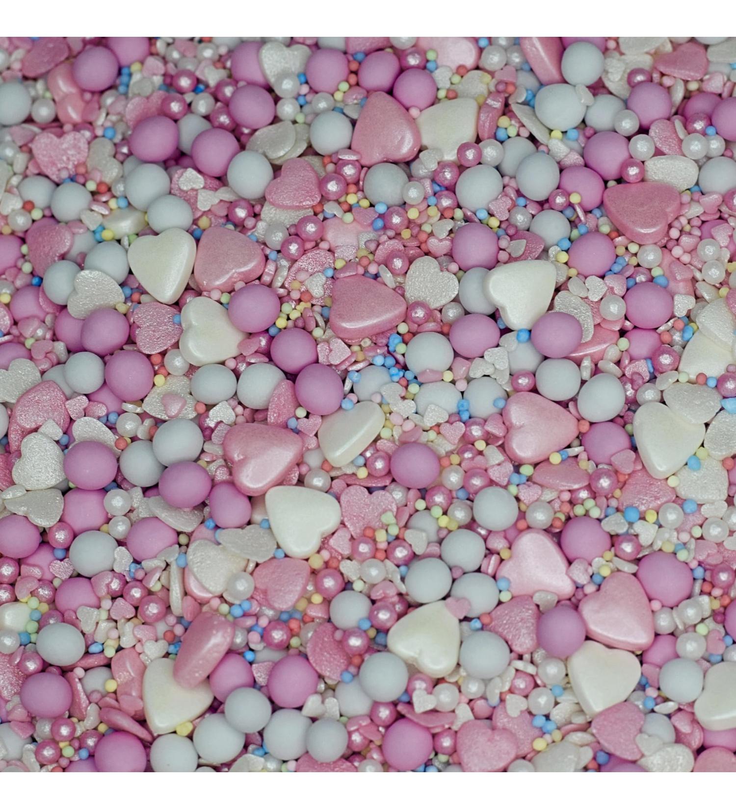 Cutie Pie Pink and White Heart Valentines Cake Topper Sprinkles - Edible Cupcake Decorations (120g pouch)