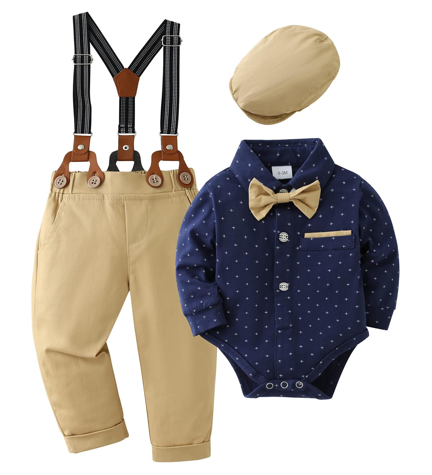 ZOEREA Baby Boy Gentleman Outfits Set | Romper Jumpsuit + Suspender Pants | Infant Wedding Suit | Dark Blue | 0-18 Months - Buy Online on GoSupps.com