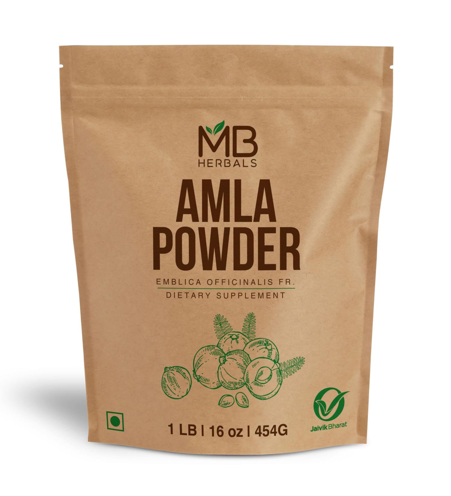 MB Herbals De-Seeded Amla Powder 1 LB (16 oz / 454g) | Made from Wild Amla Berry Pulp No Seeds Used | Premium Quality Amalaki (Indian Gooseberry) Powder