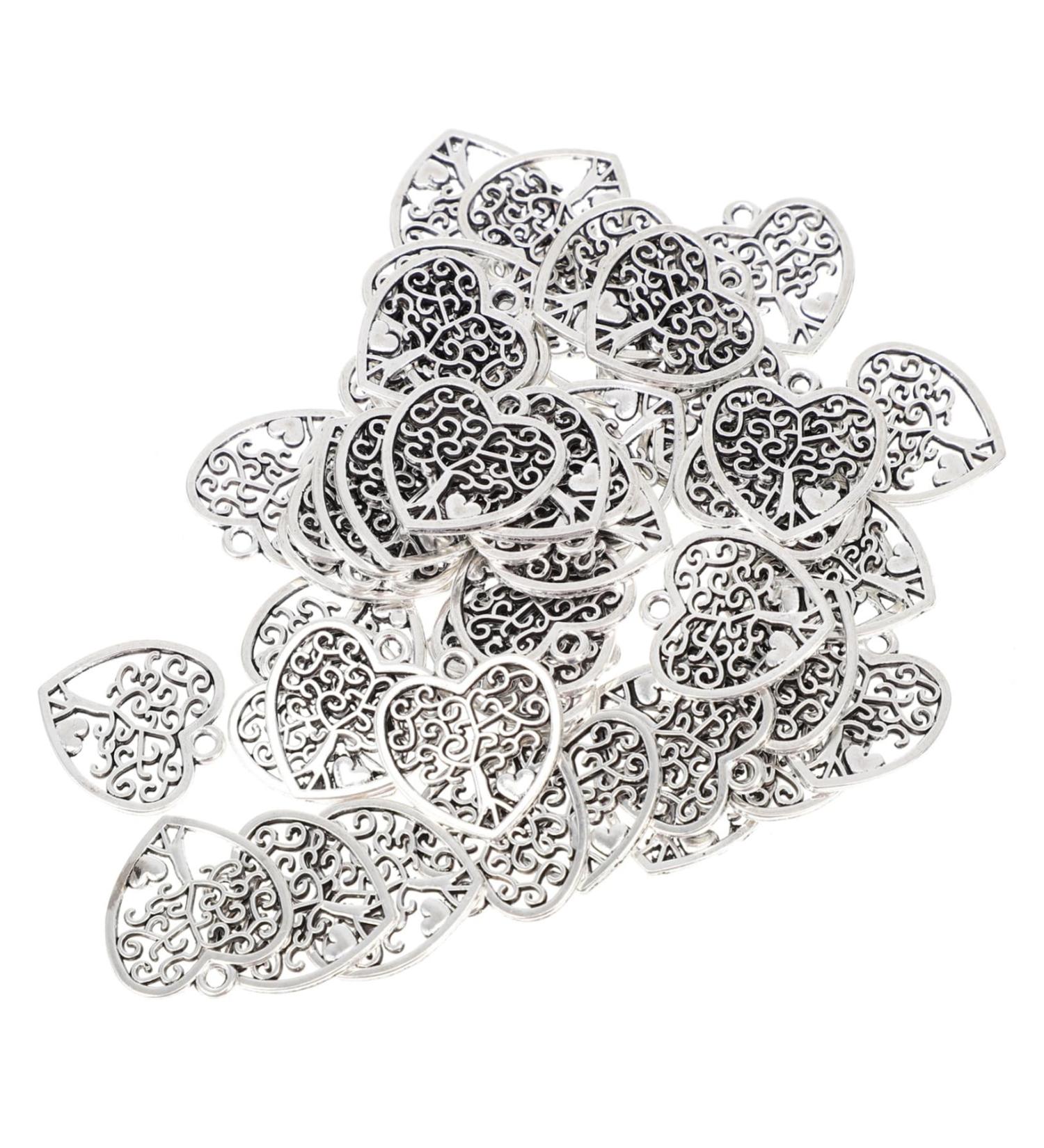 50pcs Pendant Jewel Earrings Heart Earring Retro Charms Alloy Hanging Ornaments Key Chain Hollow Out 1.8X1.7cm Silver - Buy Online on GoSupps.com