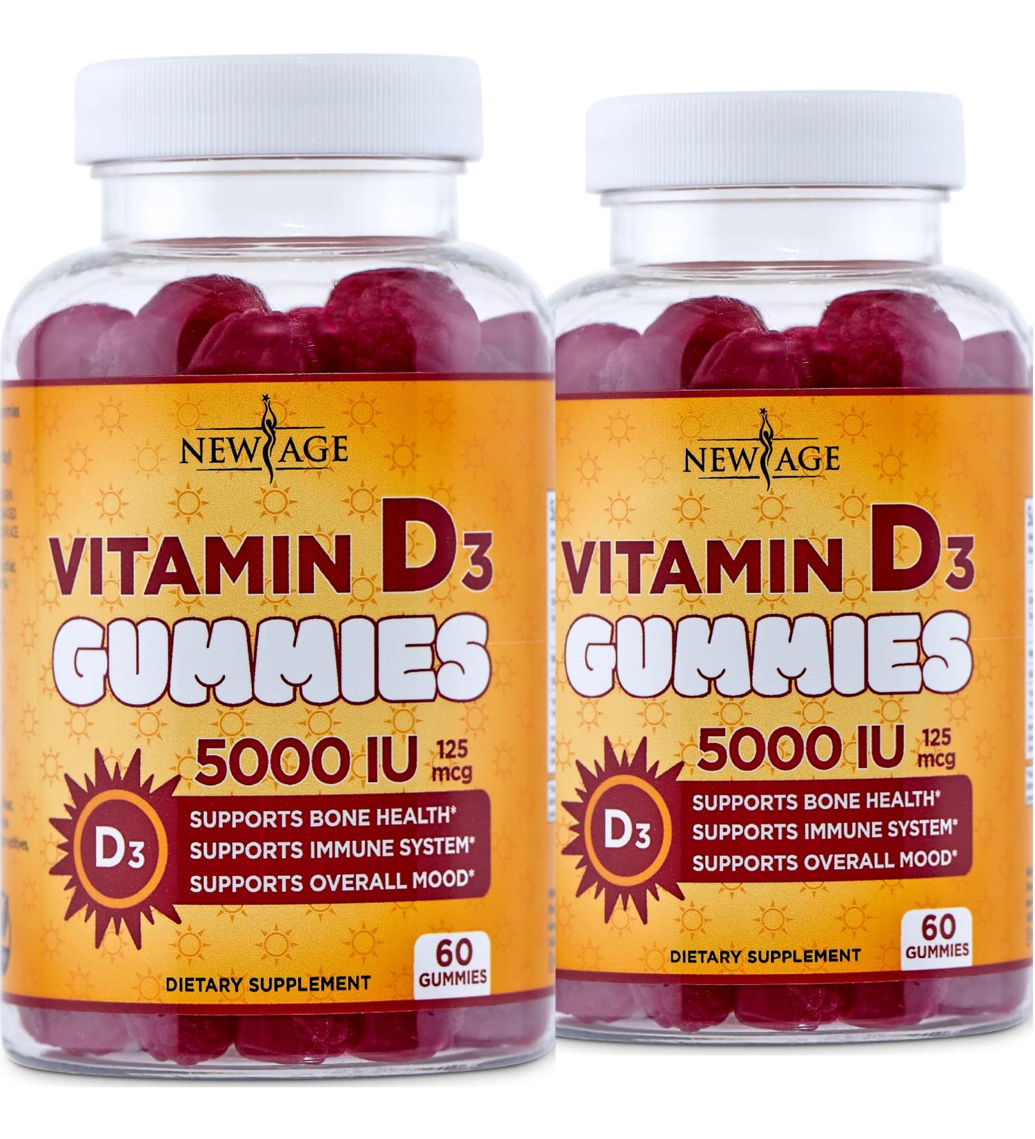 New Age Vitamin D3 5000 IU 125mcg Gummies - 2 Pack (240 Count) - Immune Health Support - Non-GMO, Gluten-Free, Dairy-Free - Buy Online on GoSupps.com