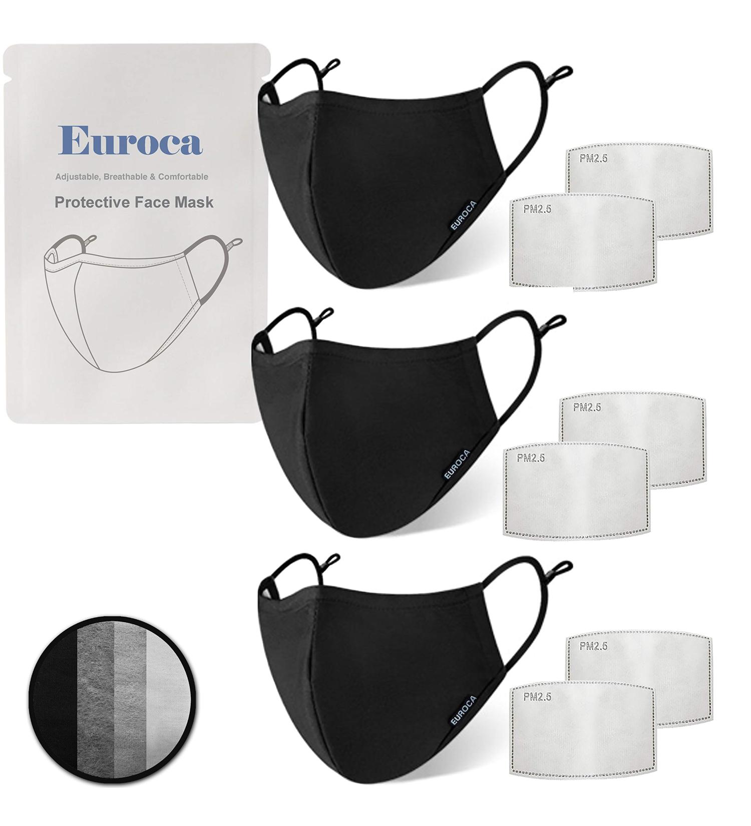 Euroca 4 Layer Face Masks Reusable Washable with Nose Wire Adjustable Ear Loop -2 Filters Included (Black) 3 Pack Black Large - Buy Online on GoSupps.com