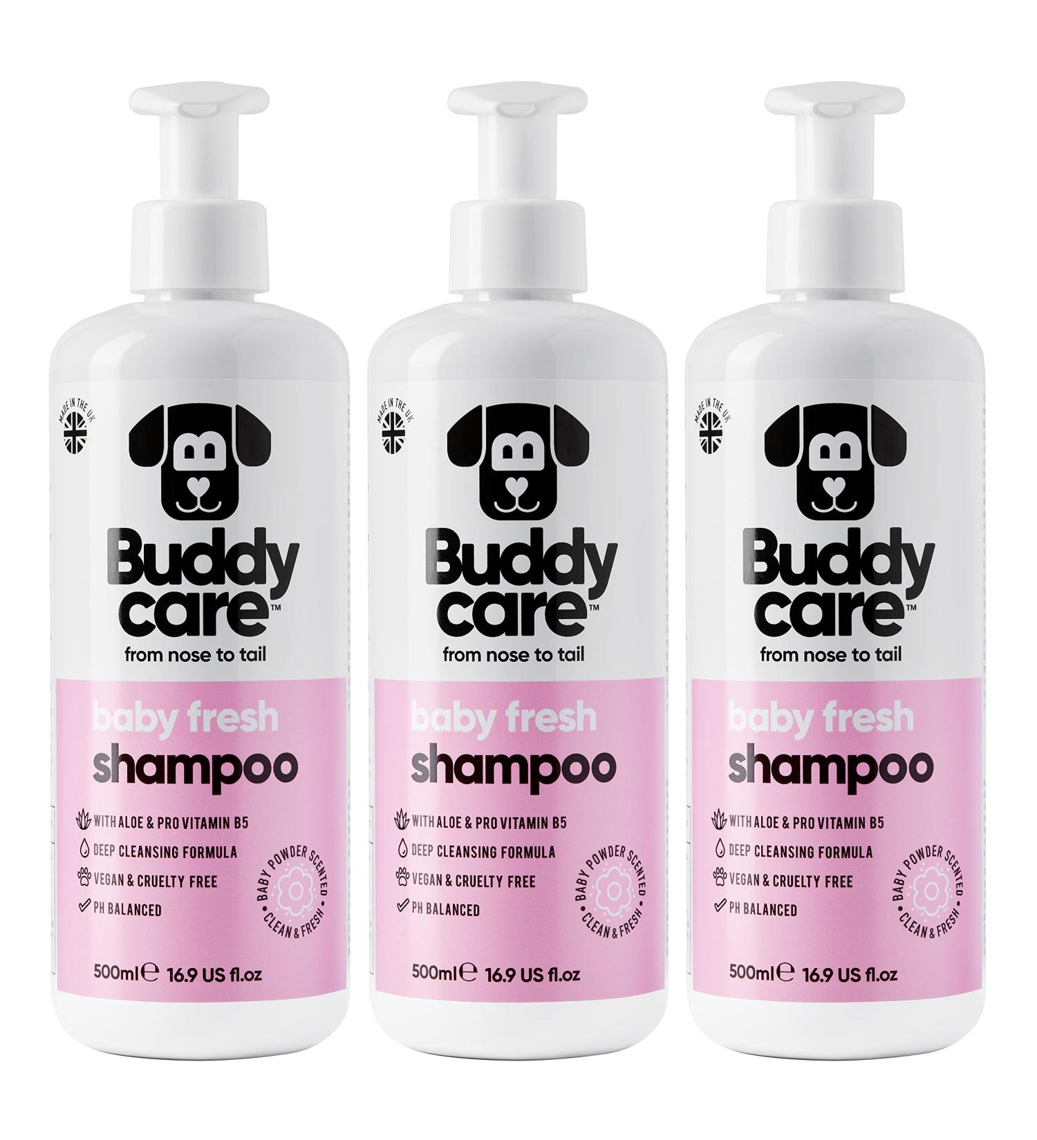 BuddyCare Baby Fresh Dog Shampoo - 3 x 500ml | Puppy Shampoo with Aloe Vera & Provitamin B5 for Dogs 8 Weeks & Older - Fragrant Baby Powder Formula - Buy Online on GoSupps.com