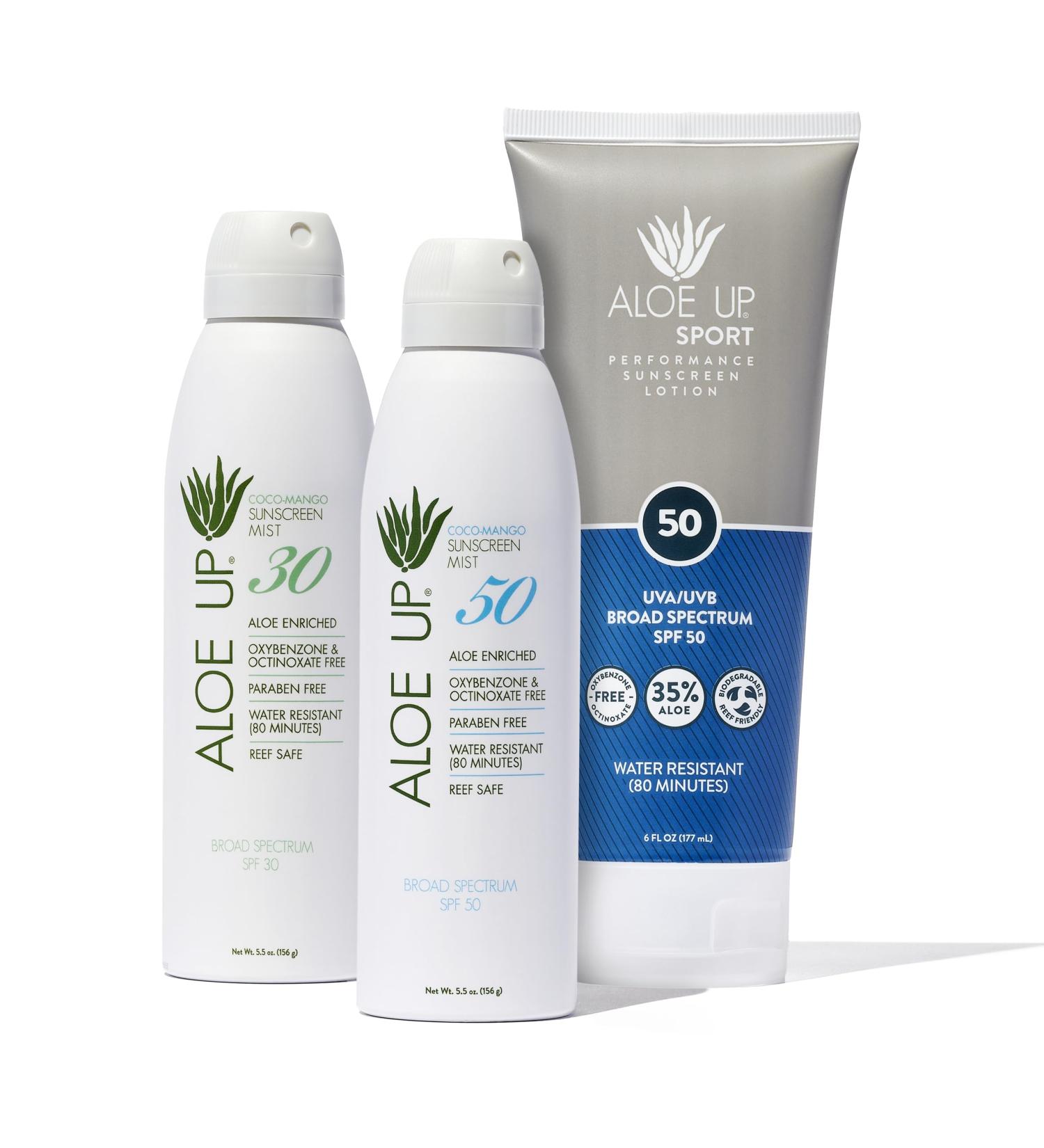 Aloe Up White Collection Sunscreen Spray SPF 50 White Collection Sunscreen Spray SPF 30 and Sport Sunscreen Lotion SPF 50 - Bundle with Face and Body Sunscreen Protector - Reef Friendly - 3 Items - Buy Online on GoSupps.com