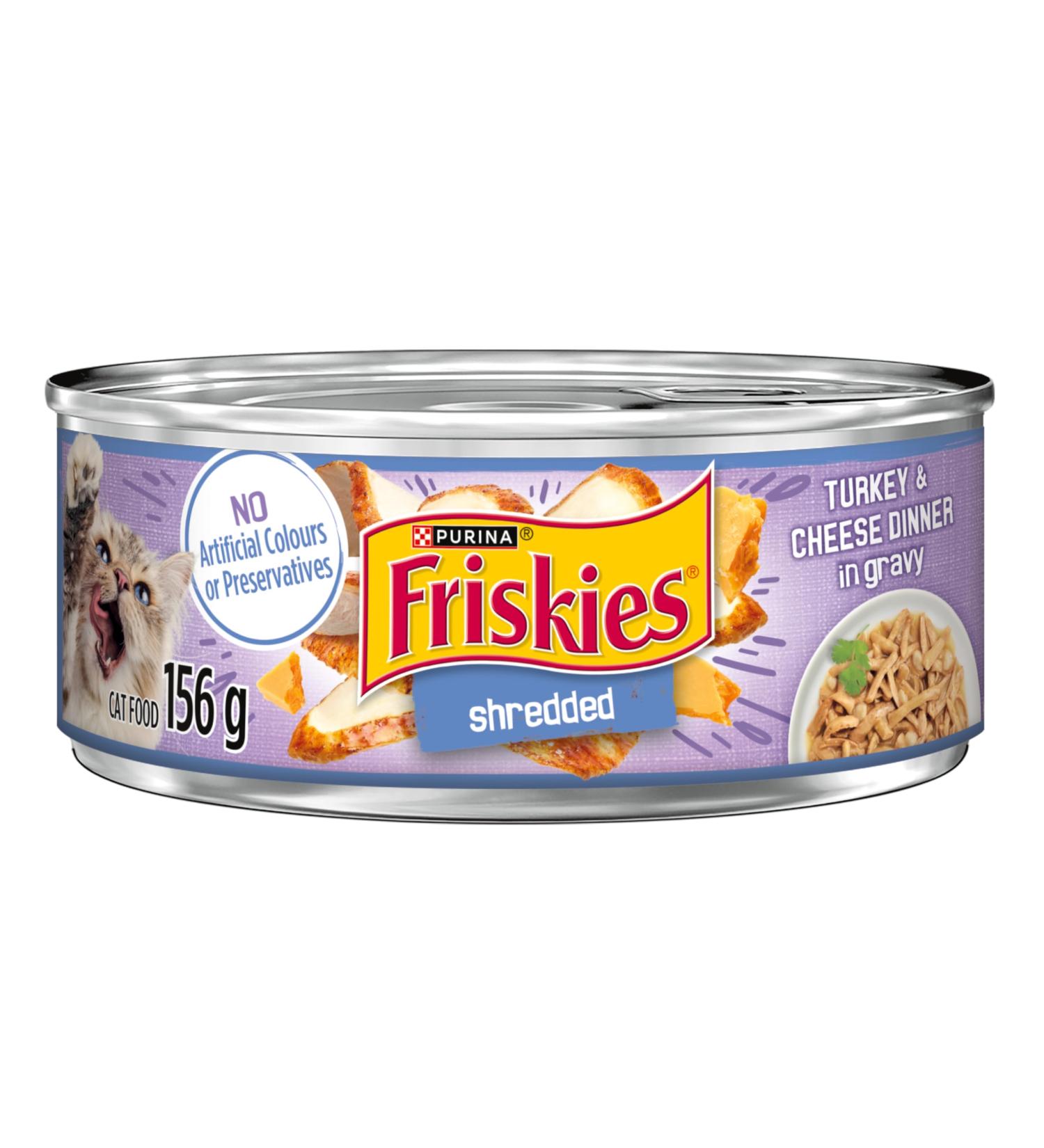 Friskies Shredded Wet Cat Food Turkey & Cheese Dinner in Gravy - 156 g Can (24 Pack) - Buy Online on GoSupps.com