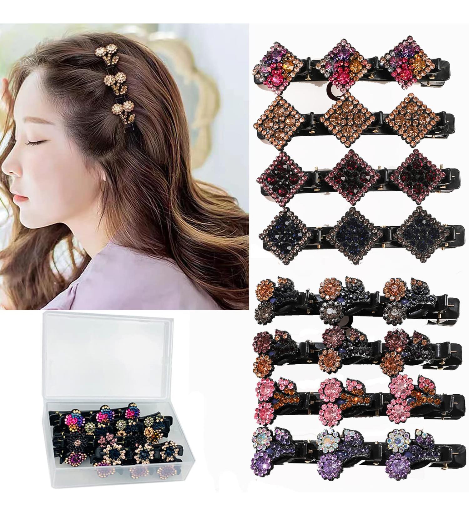 Sparkling Crystal Stone Double Layer Braided Hair Clips - Set of 8 | Rhinestone Hair Accessories for Women and Girls - lomkya (Set B) - Buy Online on GoSupps.com