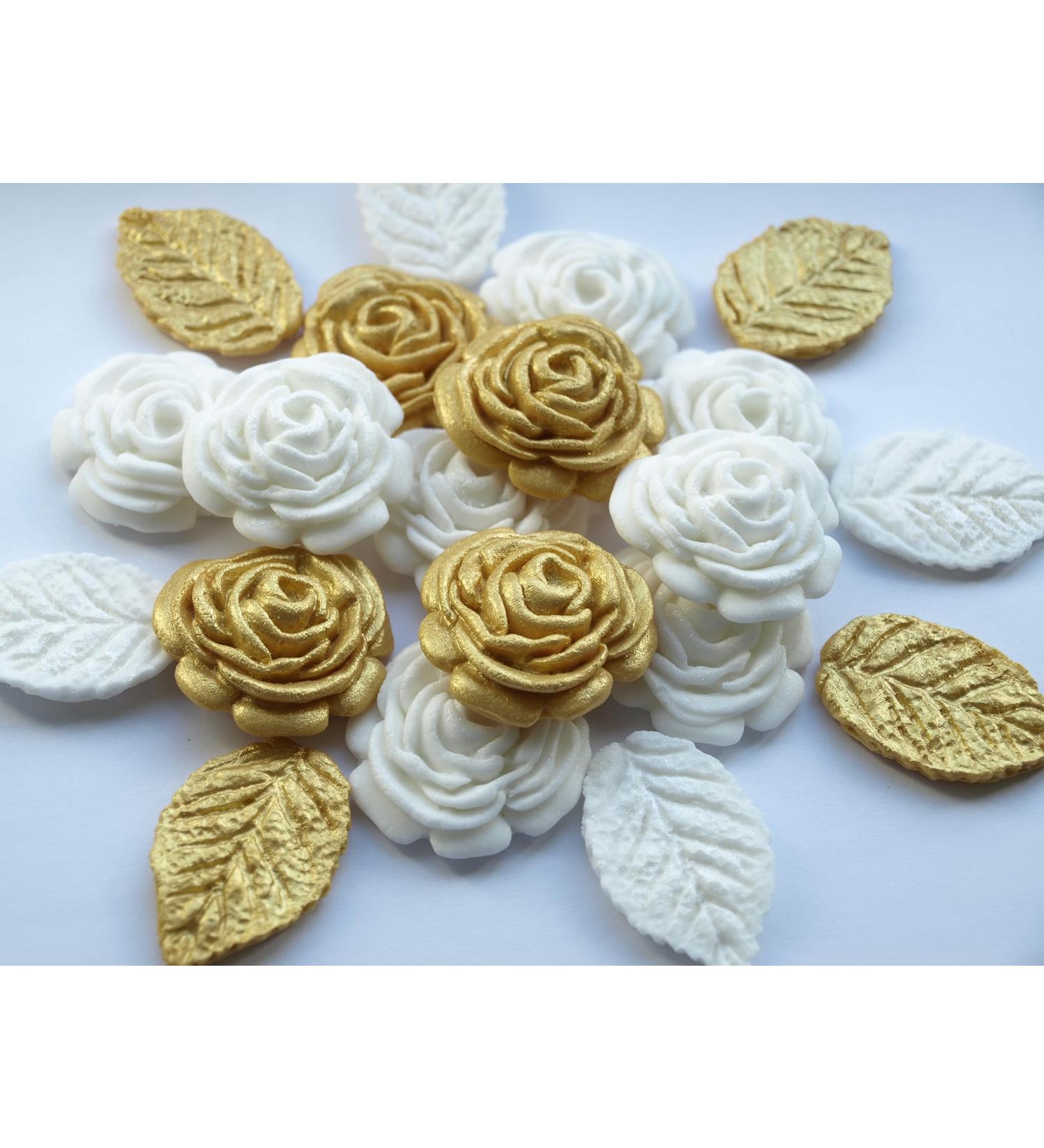 12x White Gold Roses Leaves Cake Toppers Edible Birthday Christening Gold Wedding Anniversary Cake Decorations Sugar Flowers Cupcake Toppers - Buy Online on GoSupps.com
